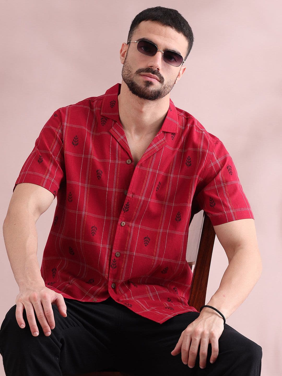 FILORI STUDIO Men Checked Leaf Print Pure Cotton Shirt - view 1