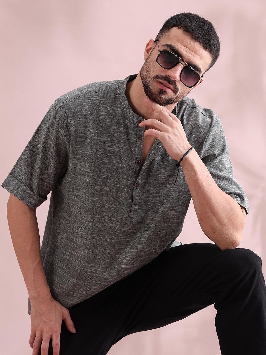 FILORI STUDIO Band Collar Short Sleeves Pure Cotton Straight Kurta - view 1