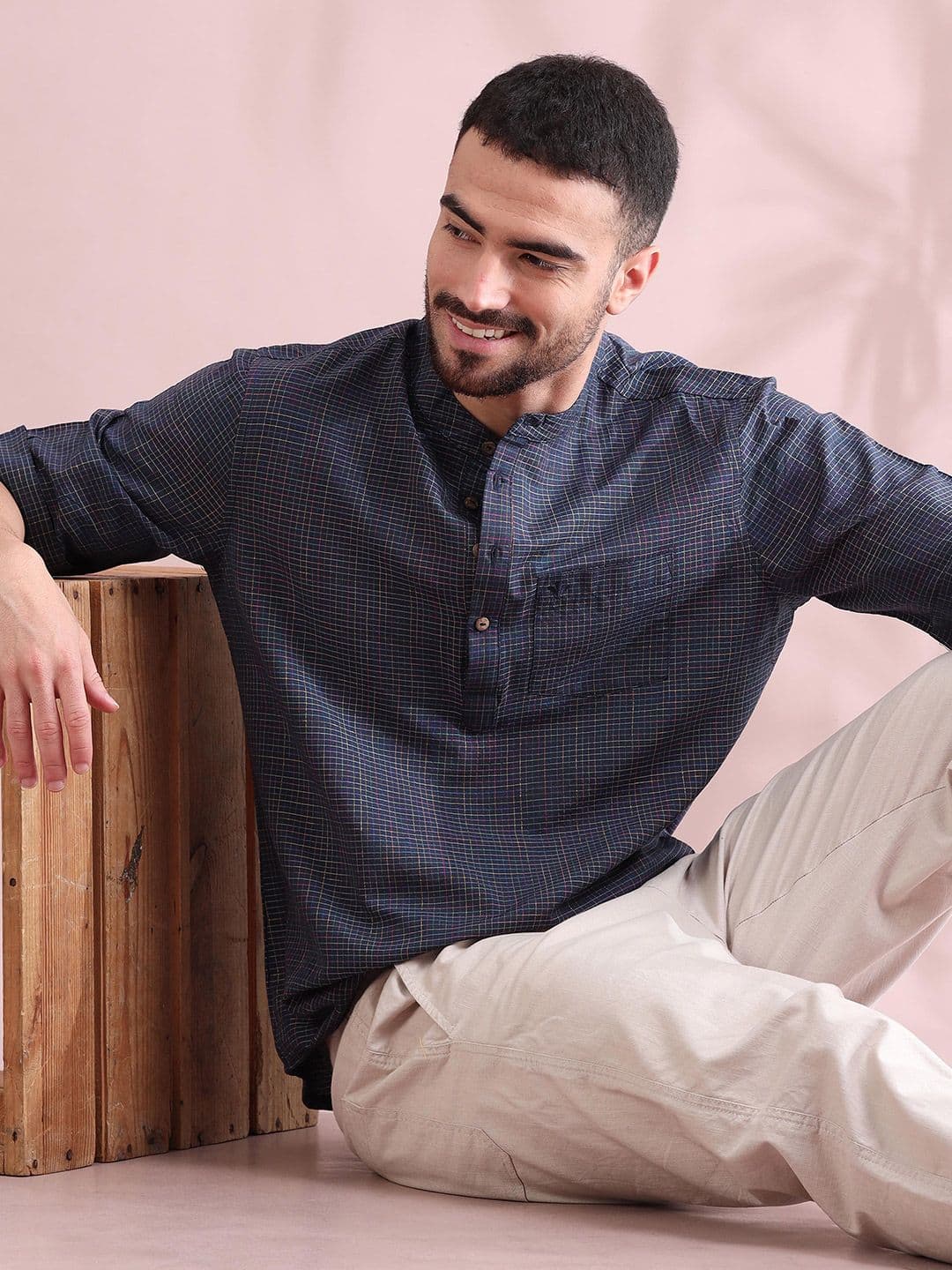 FILORI STUDIO Men Woven Checked Design Pure Cotton Short Kurta - view 1