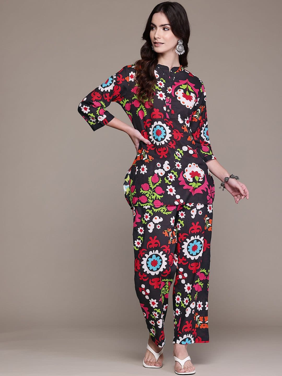 Readiprint Floral Printed Pure Cotton Tunic With Palazzos & Scrunchie - view 1
