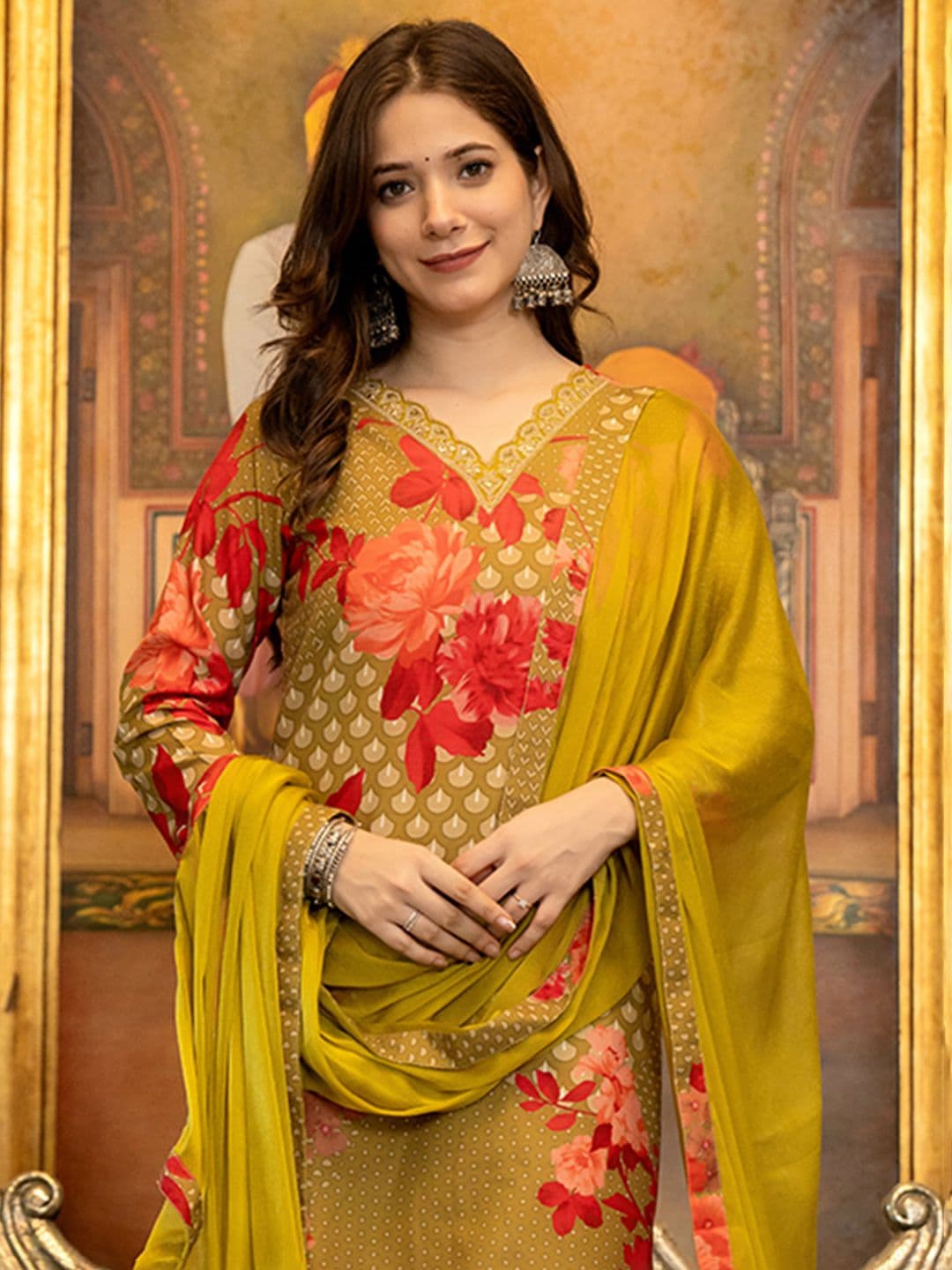 KALINI Women Floral Printed Regular Sequinned Kurta with Trousers & With Dupatta - view 1