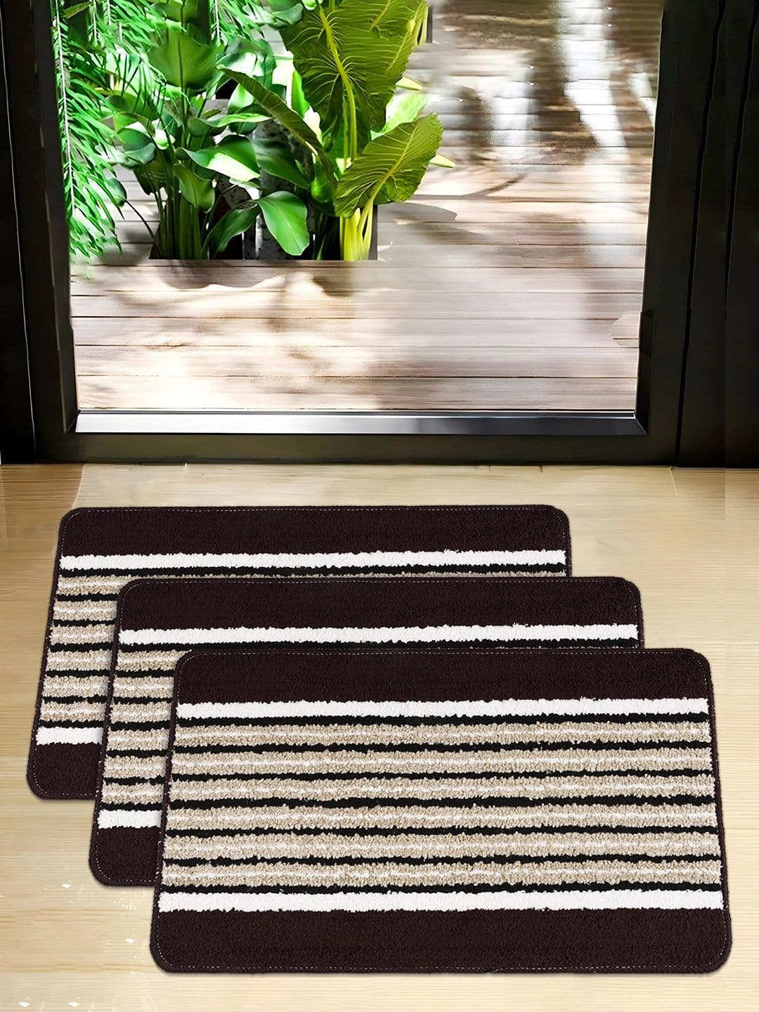Kuber Industries Brown & Black 3 Pieces Striped Anti-Skid Micrfiber Door Mats - view 1