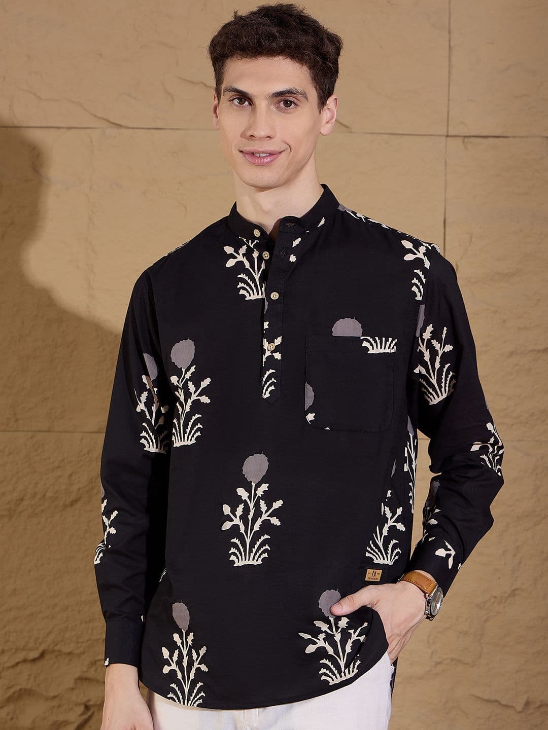 DENNISON Floral Printed Pure Cotton Band Collar Straight Kurta - view 1
