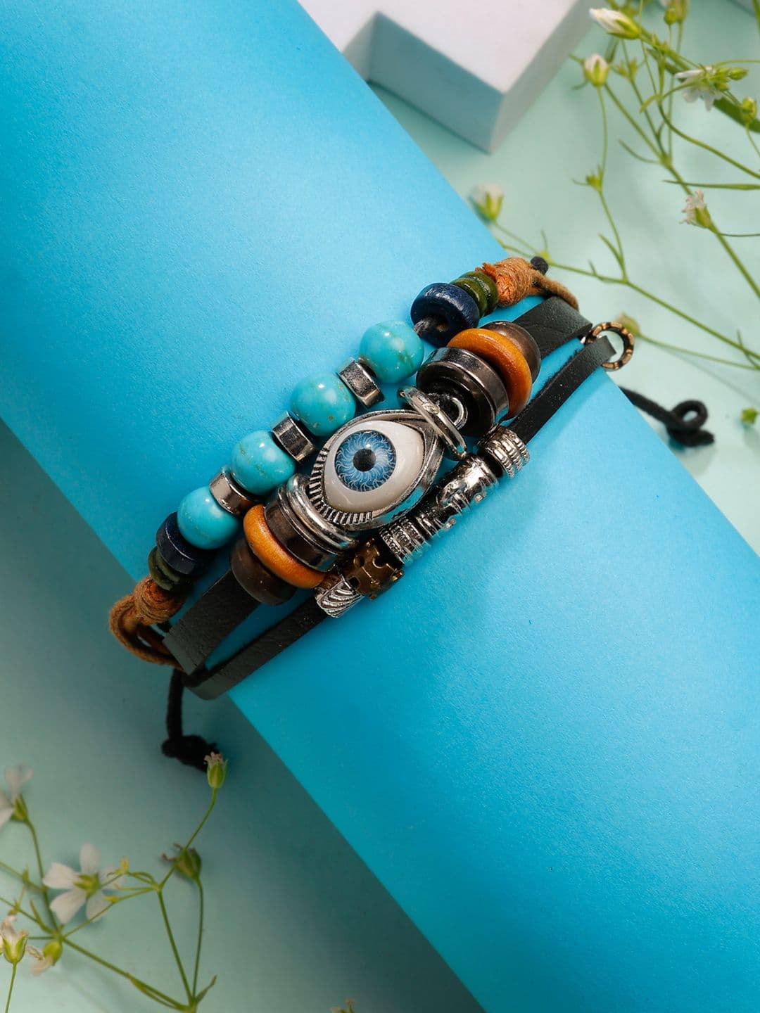 NVR Men Leather Evil Eye Beaded Multistrand Bracelet - view 1
