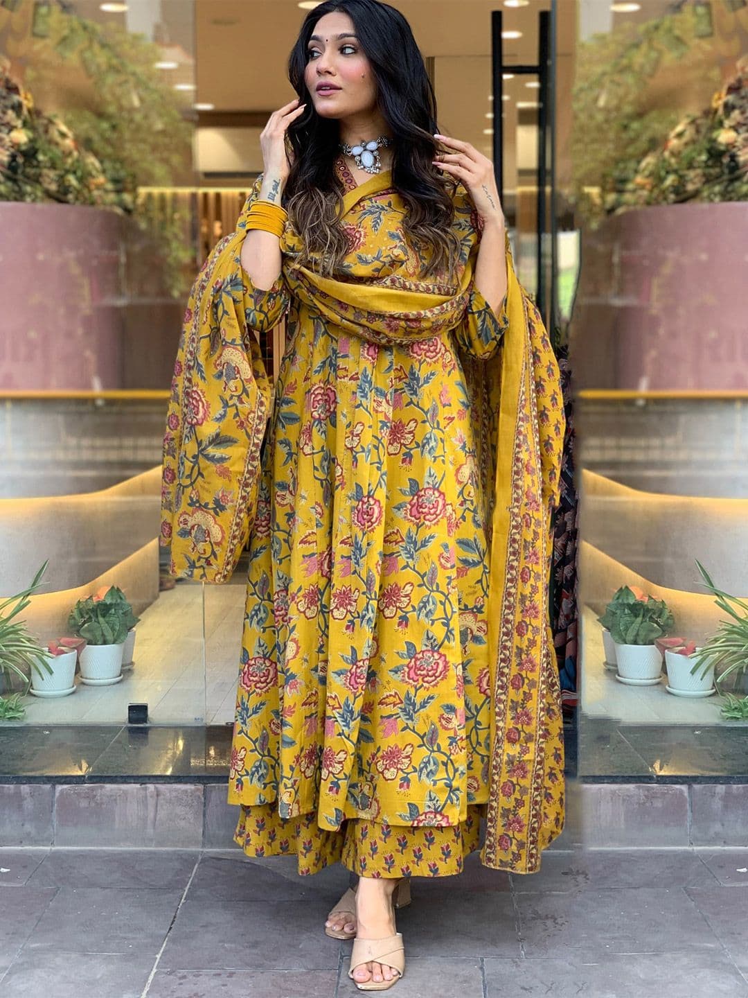 GoSriKi Women Floral Printed V-Neck Anarkali Kurta with Palazzos & With Dupatta - view 1