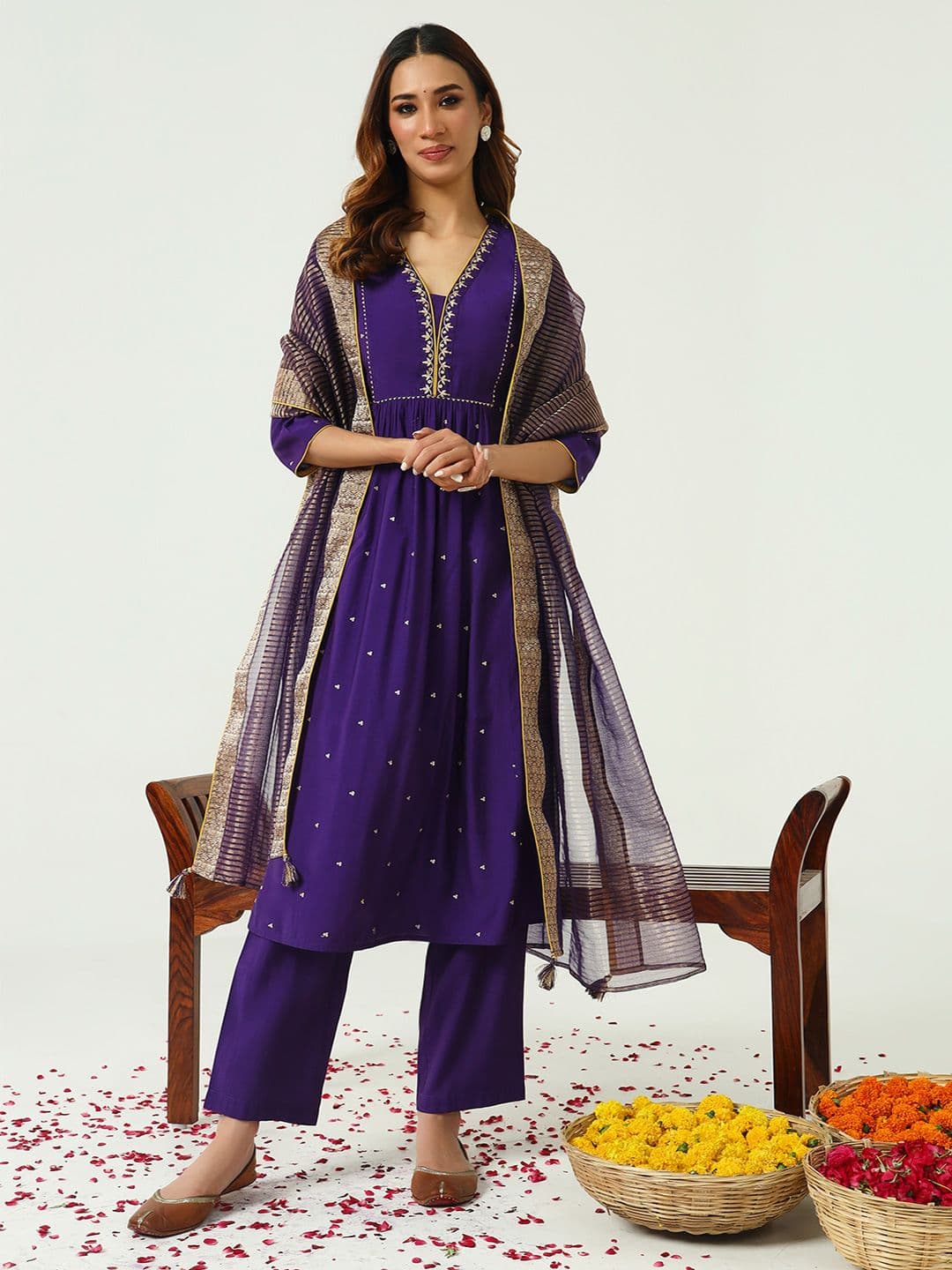 FIORRA Floral Embroidered Zari Work Chanderi Cotton A-Line Kurta with Trousers & Dupatta - view 1