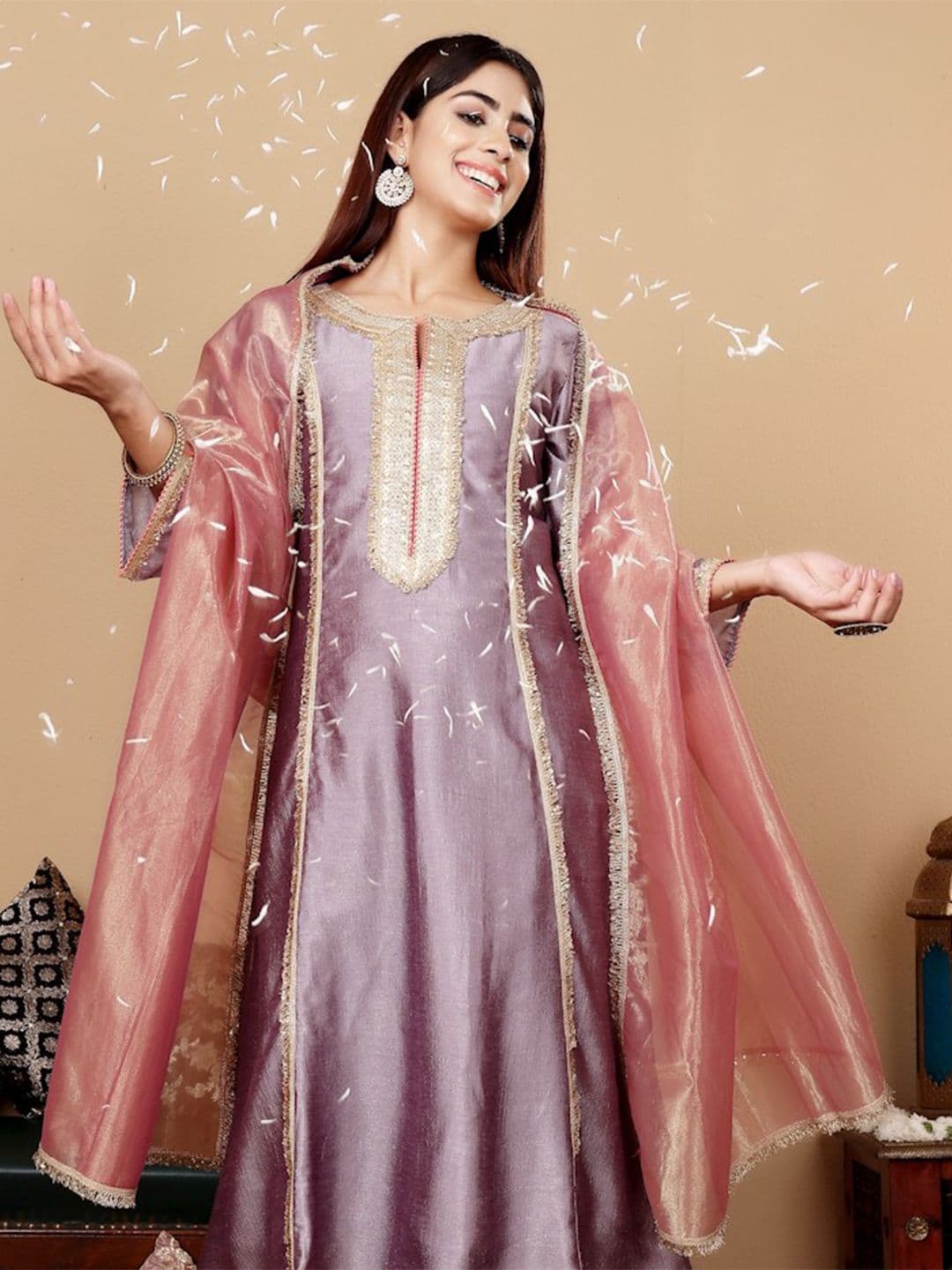 Varanga Lavender Embroidered Yoke Design Notch Neck Anarkali Kurta with Trousers & Dupatta - view 1