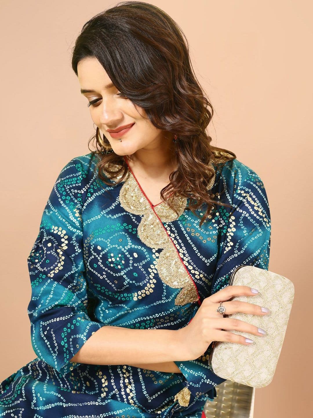 Sangria Teal Blue Bandhani Printed Angrakha Sequined Straight Kurta - view 1