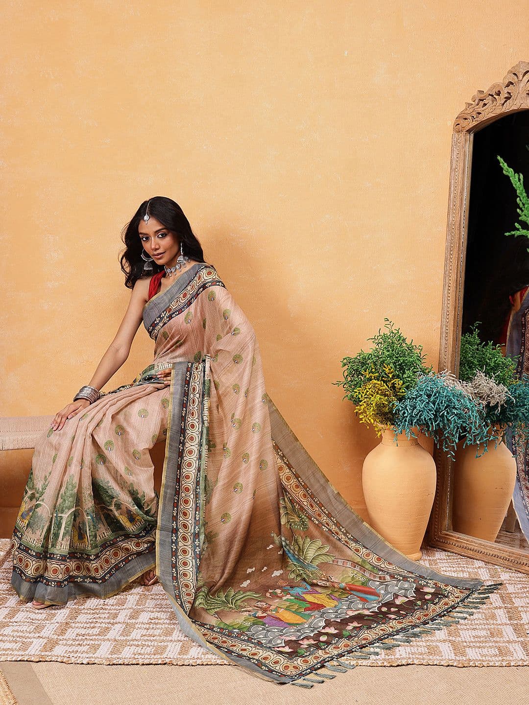 Silk Land Madhubani Kalamkari Printed Ready To Wear Chanderi Saree - view 1