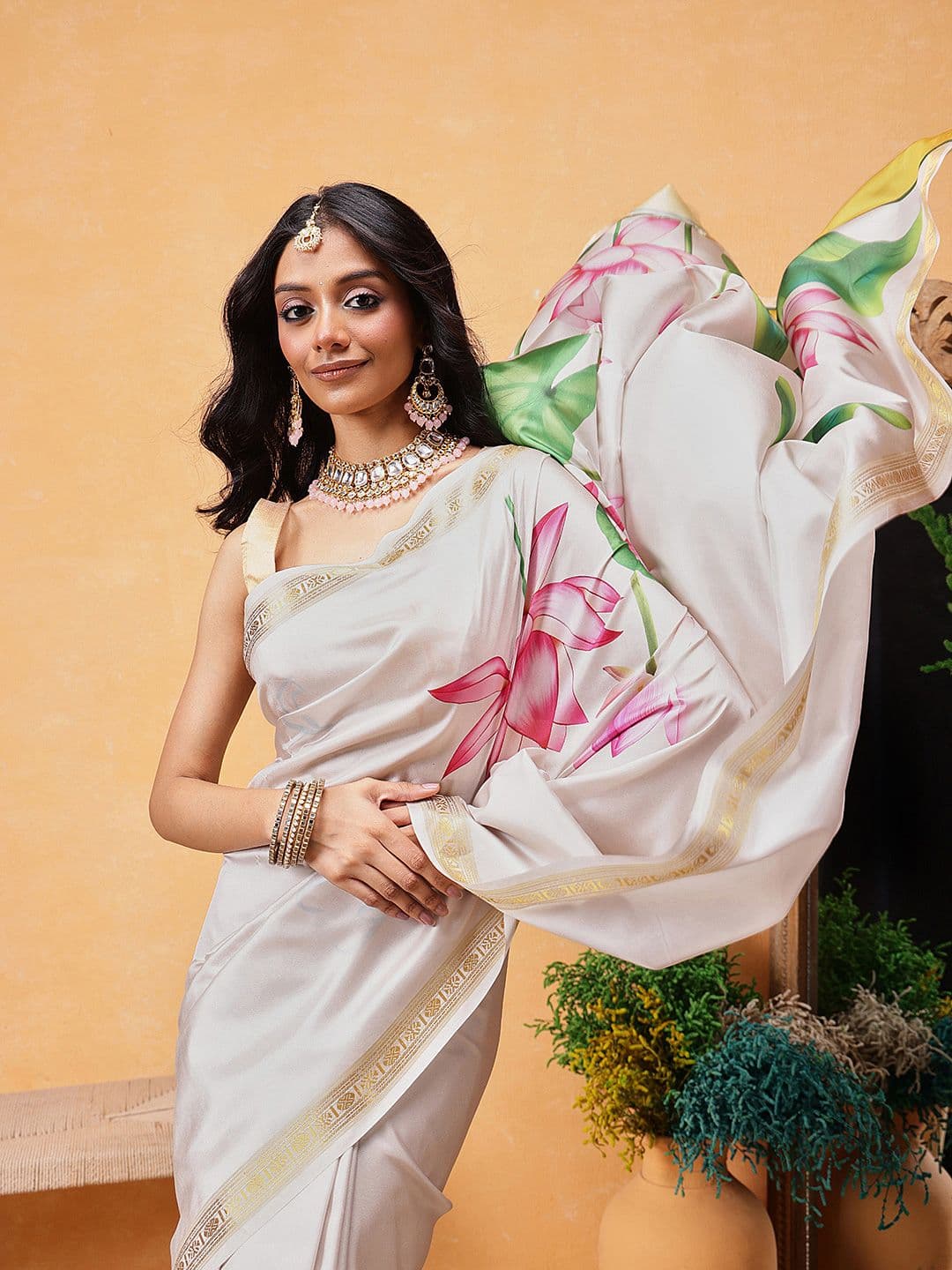 Silk Land Floral Printed Zari Ready to Wear Kasavu Saree - view 1