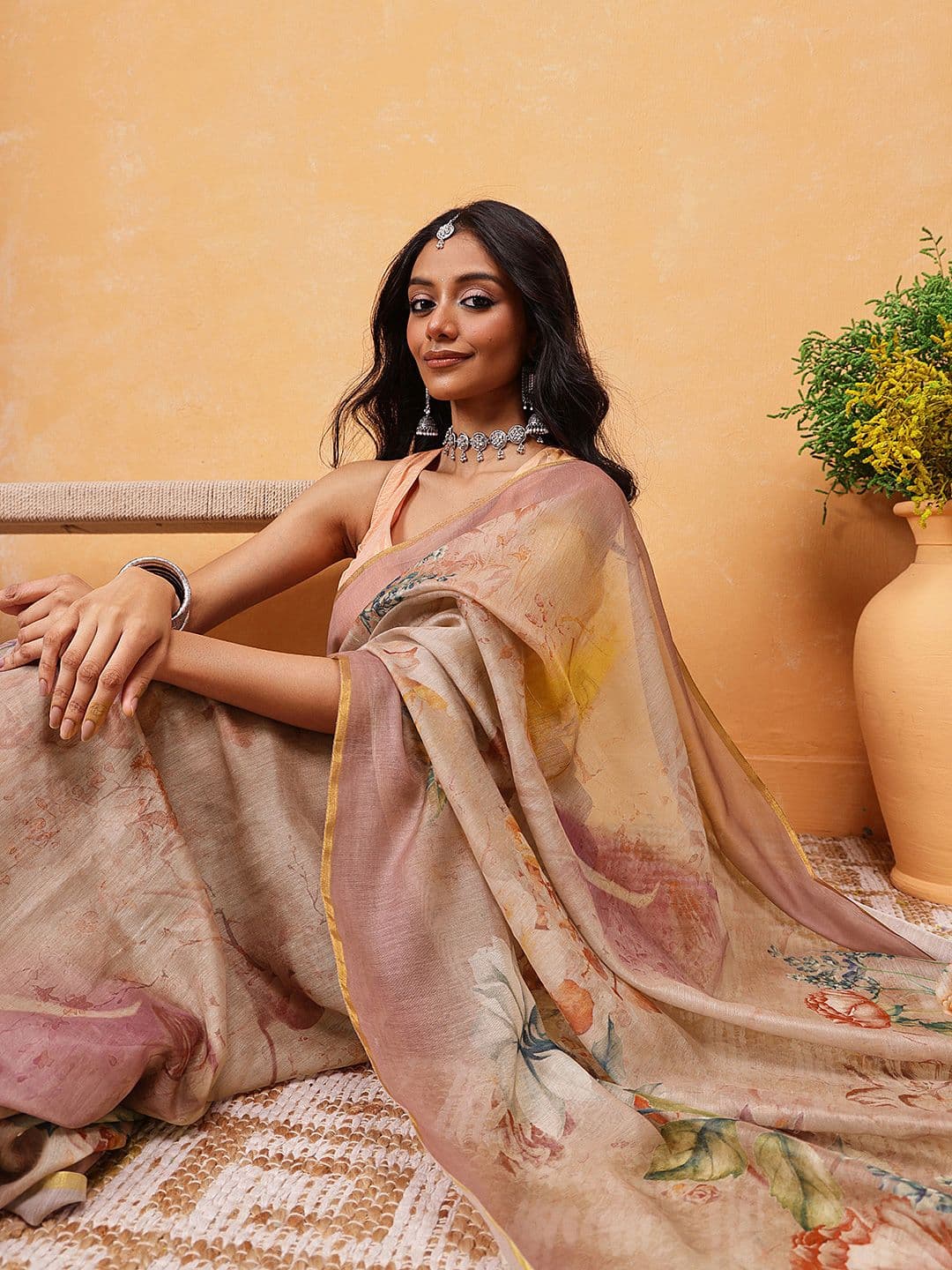 Silk Land Floral Ready to Wear Chanderi Saree - view 1