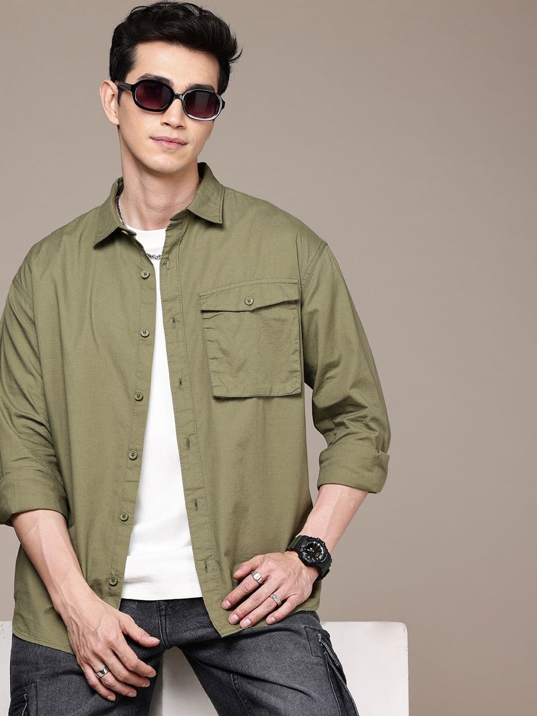 WROGN Drop-Shoulder Sleeves Oversized Pure Cotton Casual Shirt - view 1