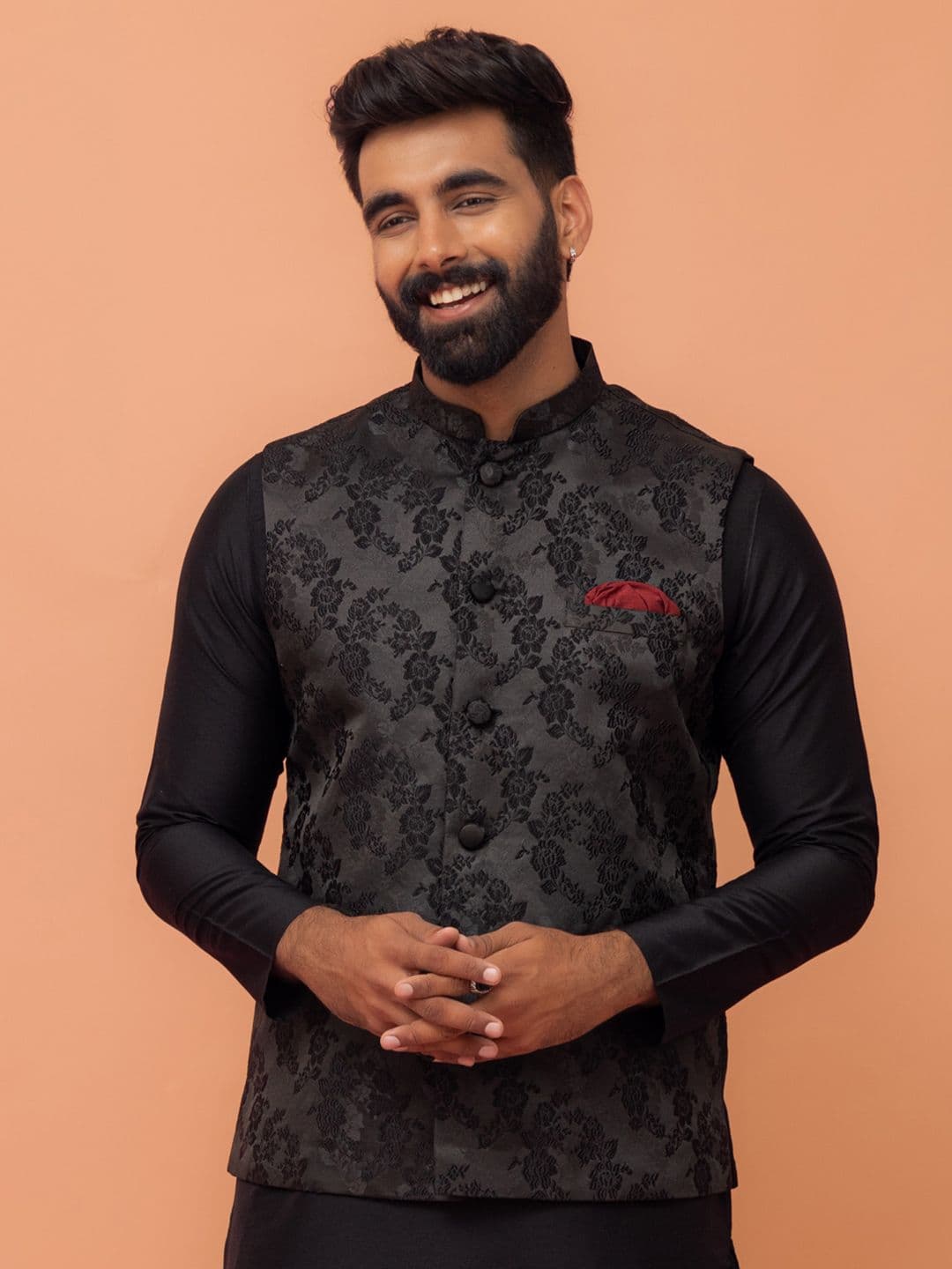 KISAH Men Ethnic Motifs Mandarin Collar Woven Design Nehru Jacket - view 1