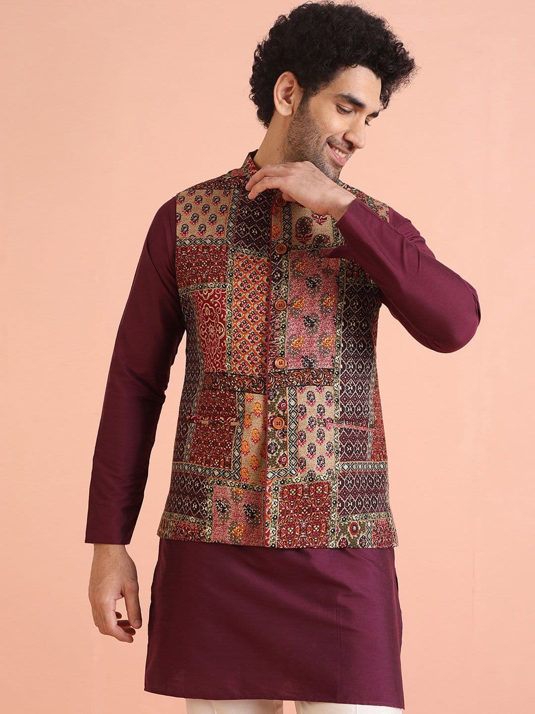 KISAH Men Mandarin Collar Printed Nehru Jacket - view 1