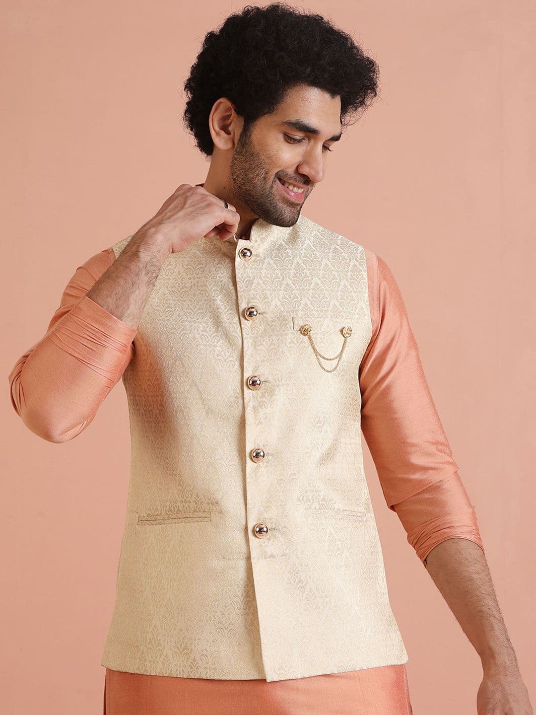 KISAH Men Ethnic Motifs Mandarin Collar Woven Design Nehru Jacket - view 1