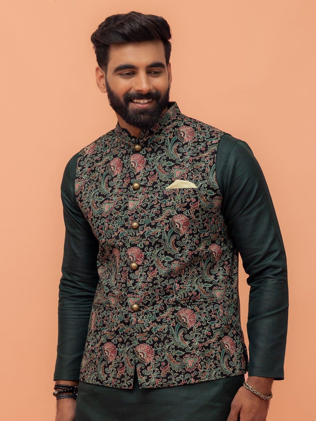 Kisah Men Mandarin Collar Printed Nehru Jacket - view 1