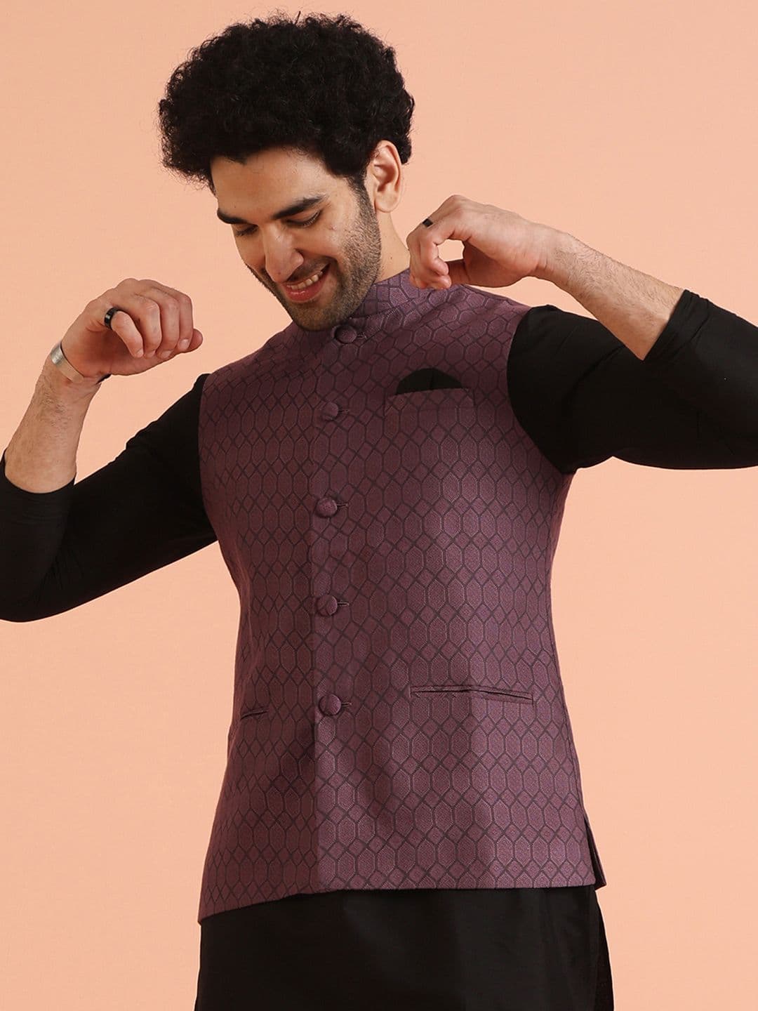KISAH Men Ethnic Motifs Mandarin Collar Woven Design Nehru Jacket - view 1