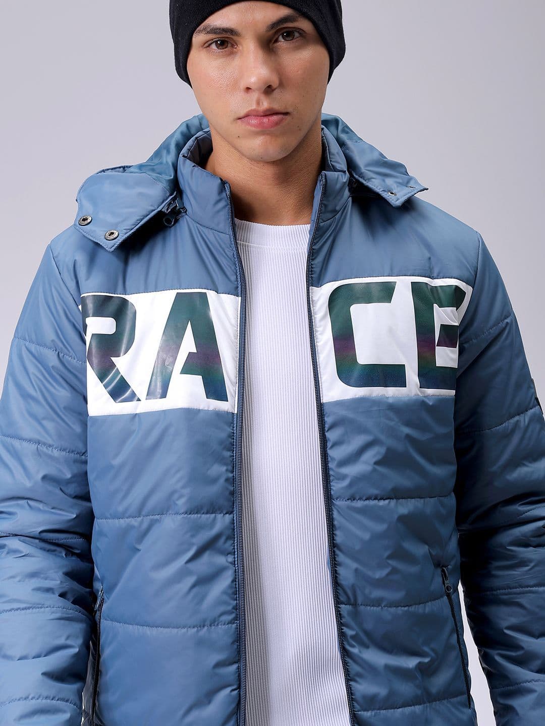 The Indian Garage Co Men Blue Reflective Print Detachable Hood Padded Jacket - view 1