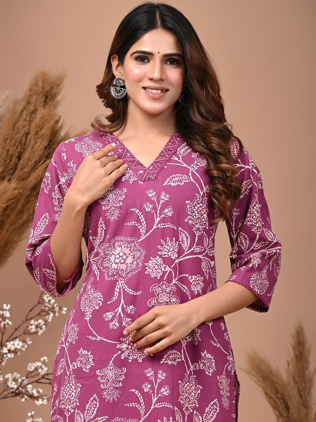 Rimeline Floral Printed V-Neck Three-Quarter Sleeves Mirror Work Pure Cotton Kurta - view 1