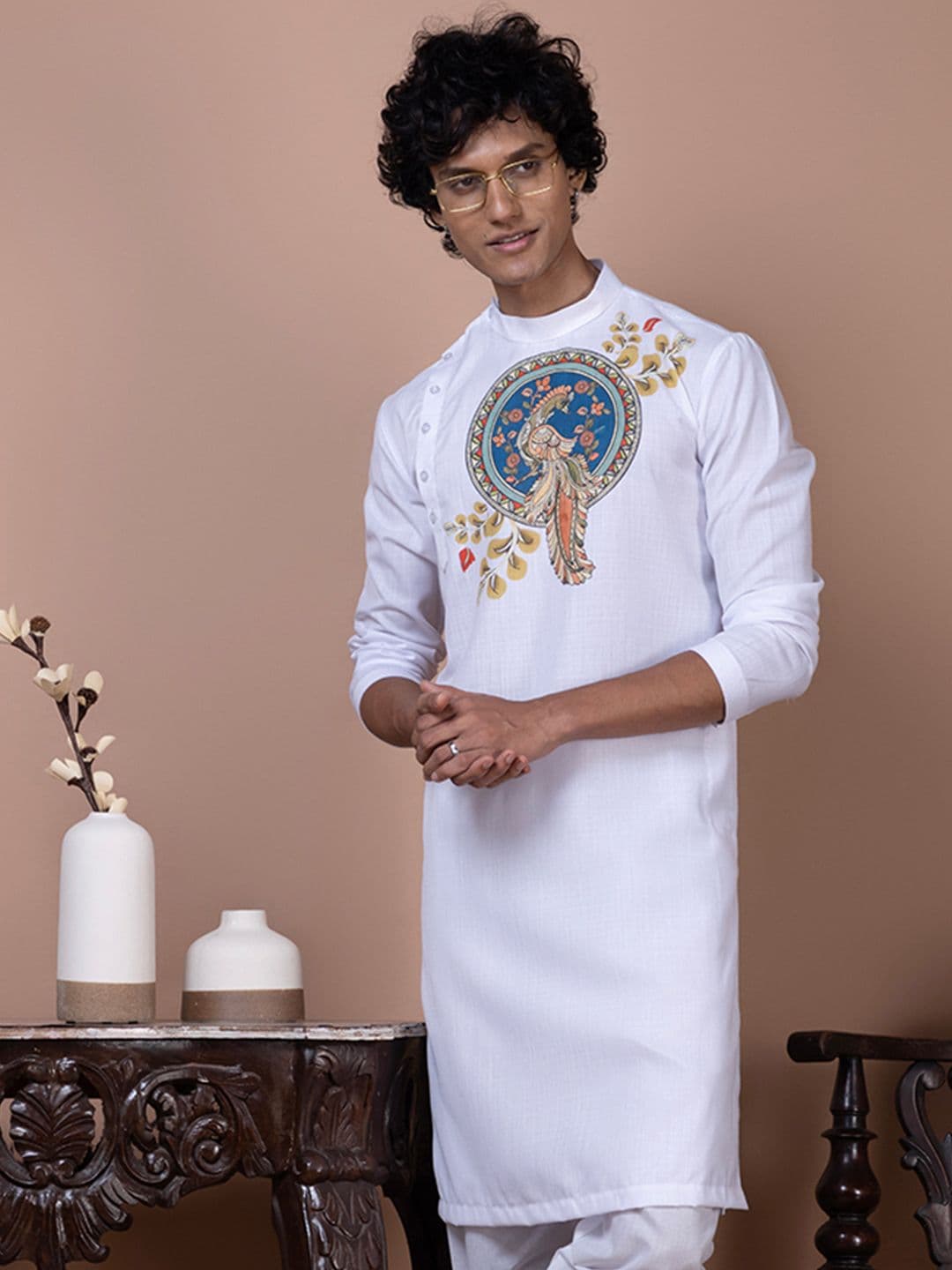 DEVOILER Floral Printed Mandarin Collar Cotton Straight Kurta - view 1