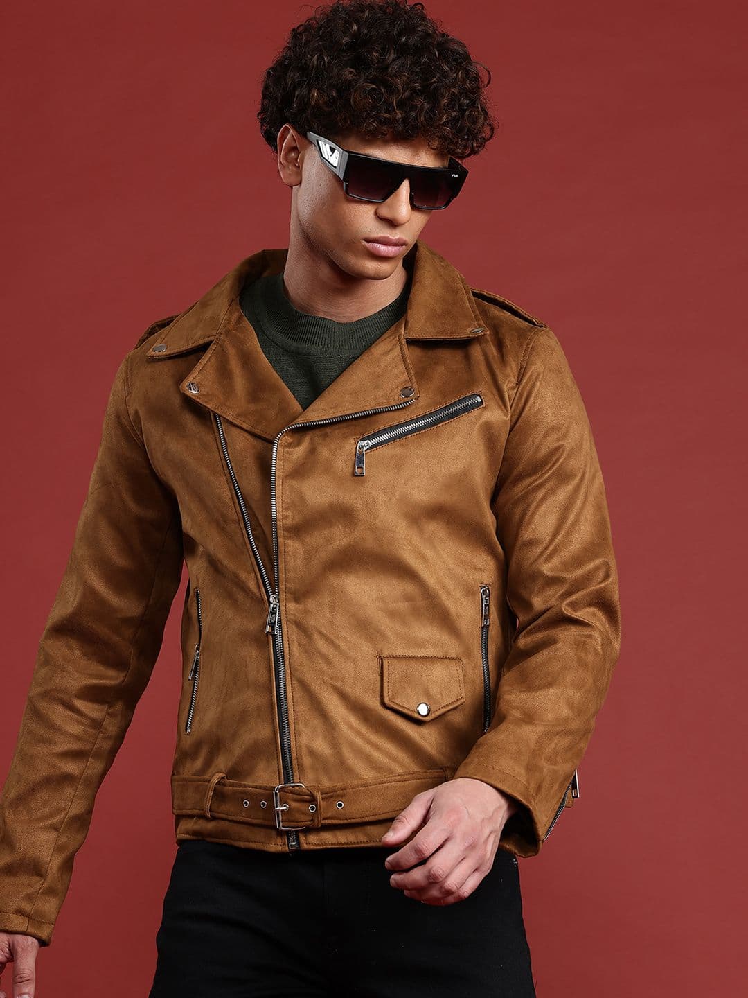 Leather Retail Suede Biker Jacket With Belted Detail - view 1