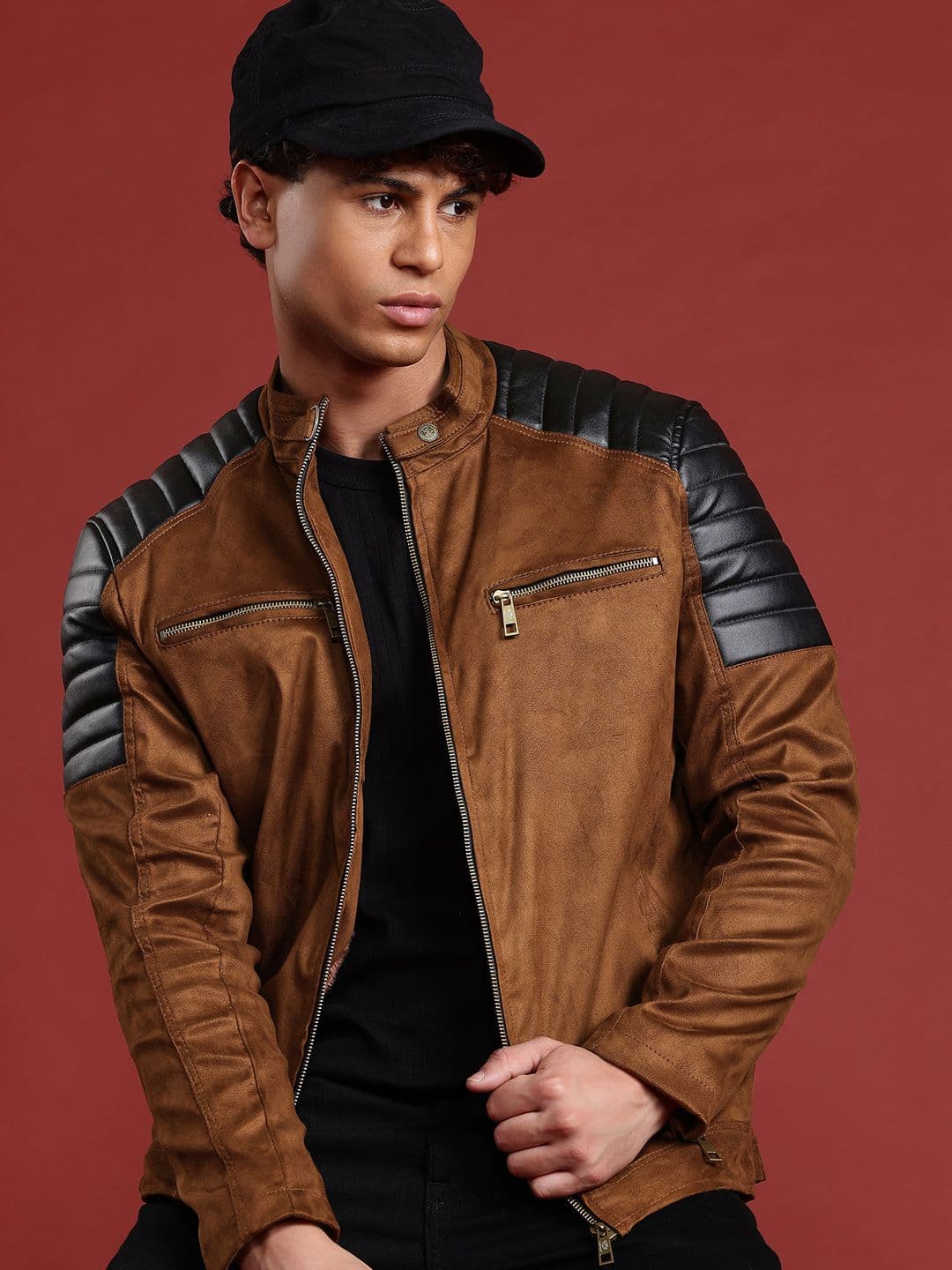 Leather Retail Contrast Shoulder Suede Biker Jacket With Quilted Detail - view 1