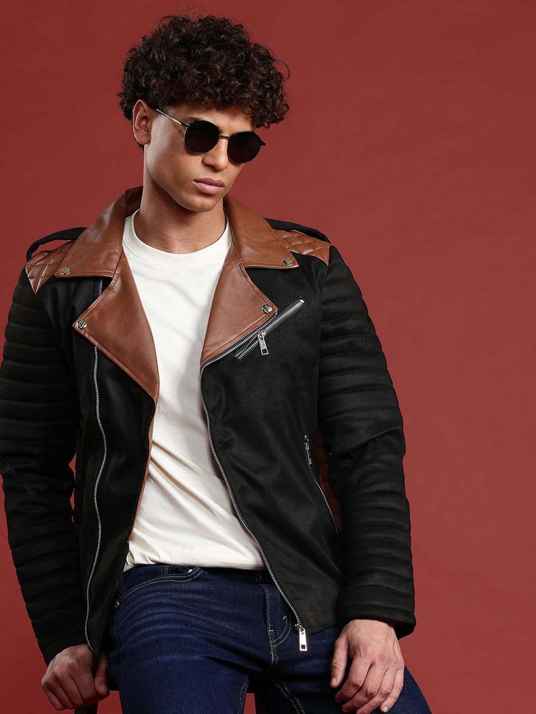 Leather Retail Contrast Collar Suede Biker Jacket With Quilted Detail - view 1