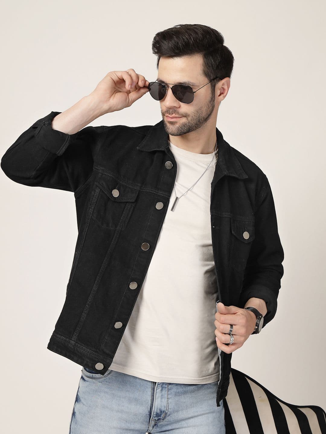Style Quotient Men Spread Collar Solid Cotton Casual Denim Jacket - view 1