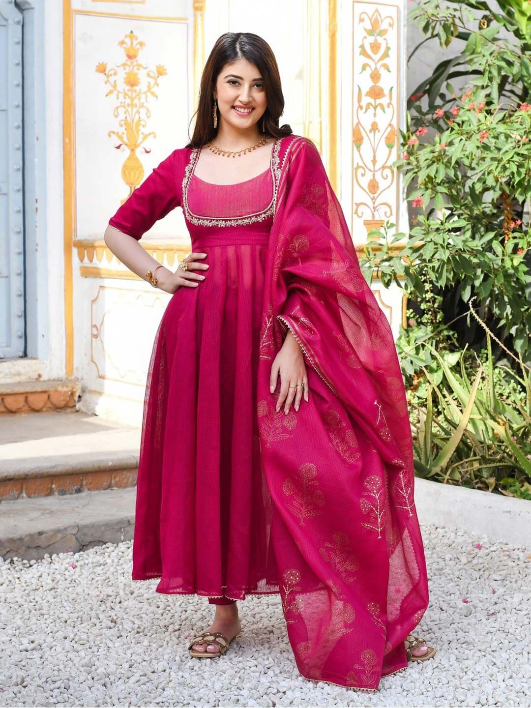 GoSriKi Thread Work Anarkali Kurta With Trouser & Dupatta - view 1
