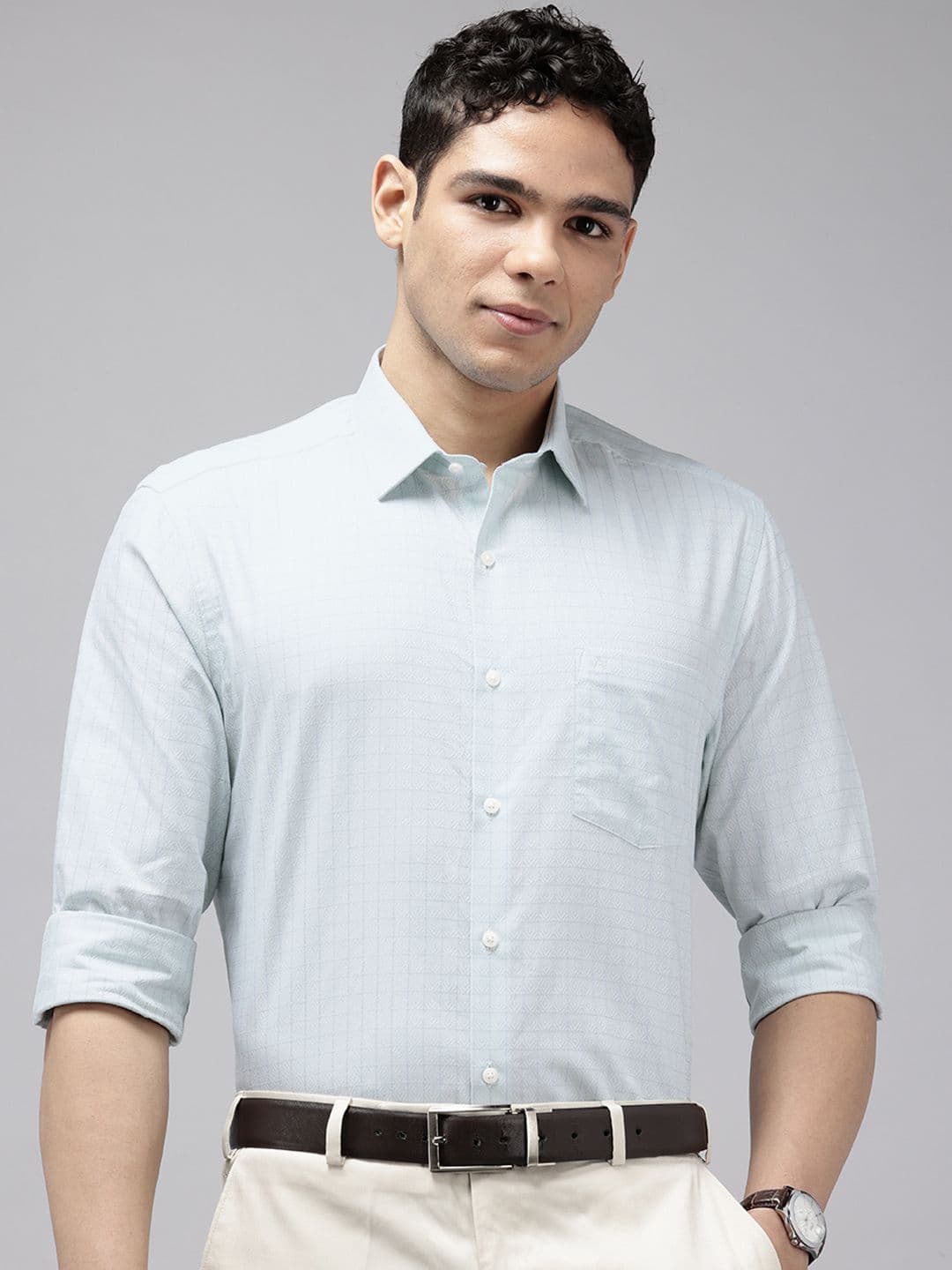Arrow Manhattan Slim Fit Self Design Textured Checked Pure Cotton Formal Shirt