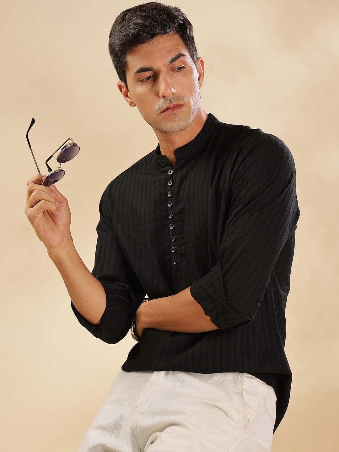 HERE&NOW Striped Mandarin Collar Straight Short Kurta - view 1