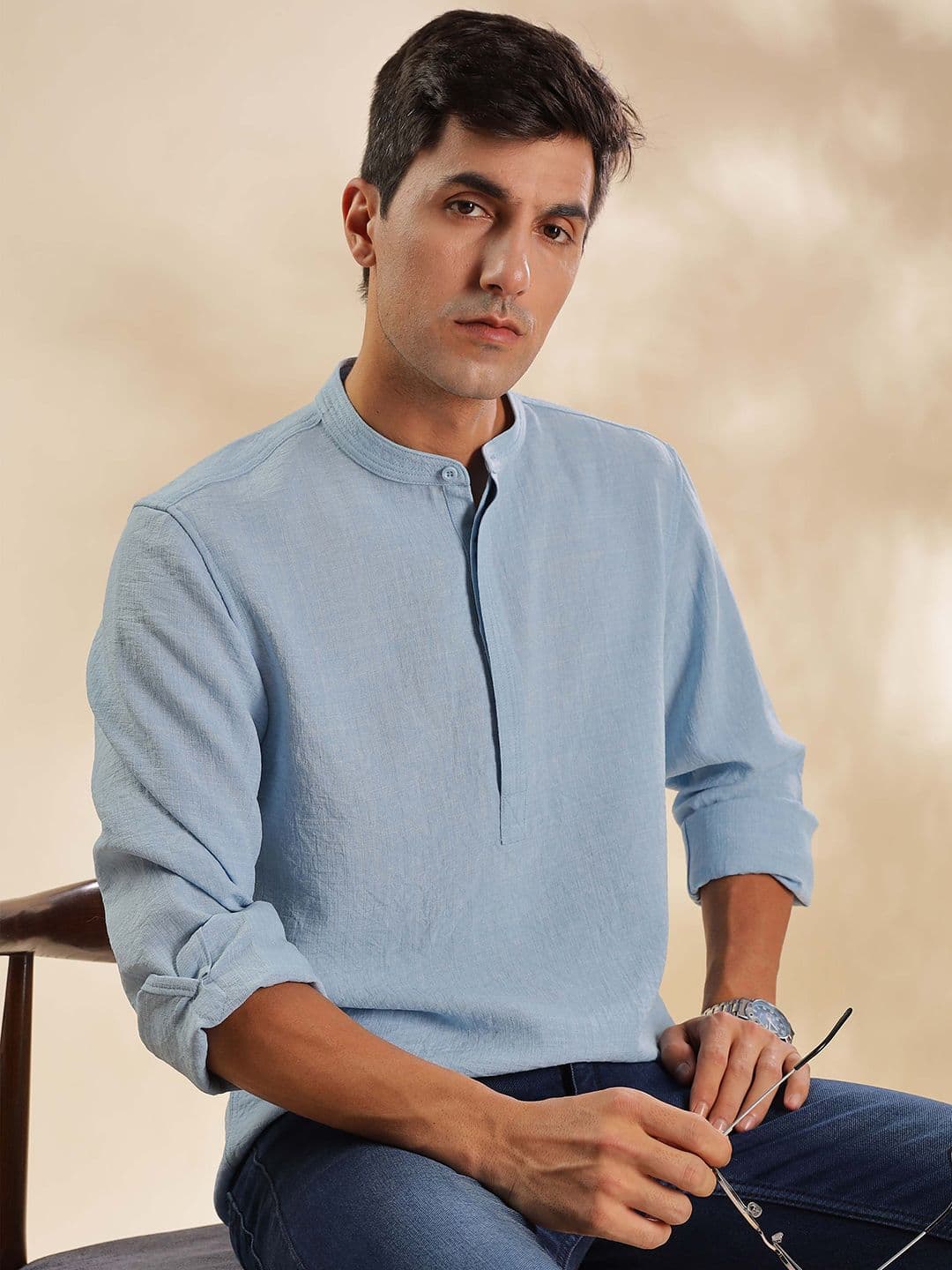 HERE&NOW Woven Design Mandarin Collar Straight Short Kurta - view 1