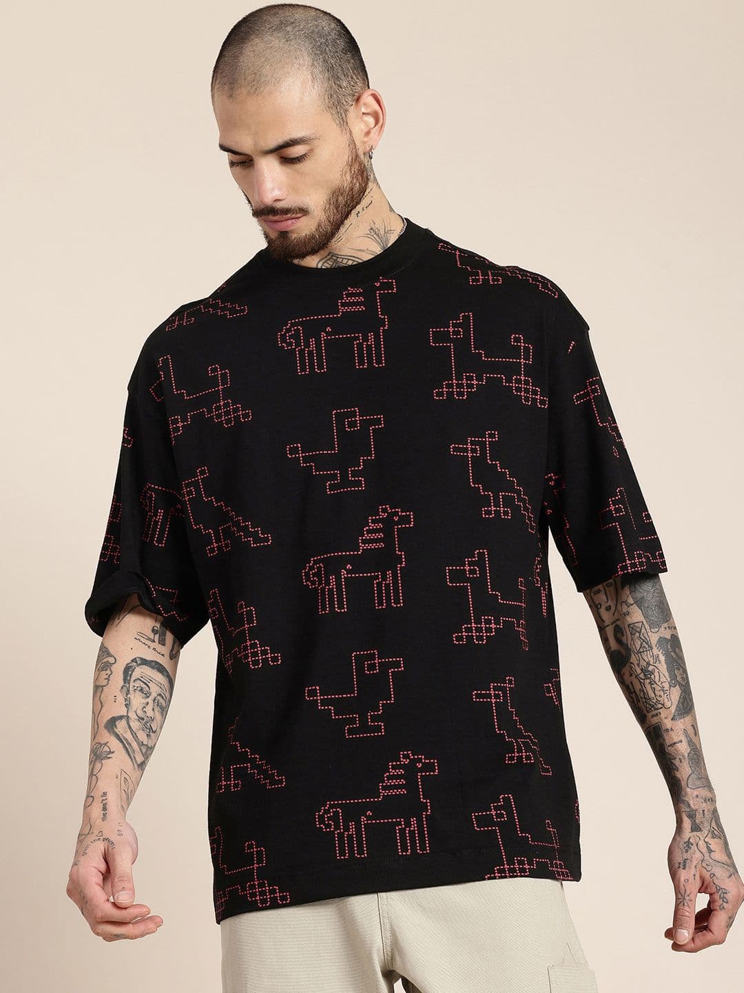 HERE&NOW Printed Drop-Shoulder Sleeves Oversized Pure Cotton T-shirt - view 1