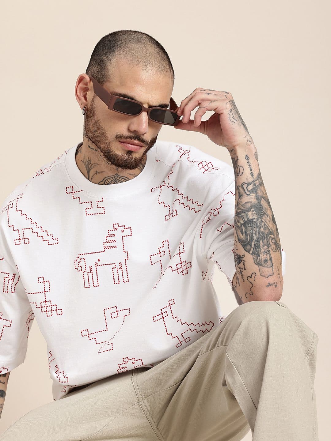 HERE&NOW Pure Cotton Conversational Printed Drop-Shoulder Sleeves Oversized Fit T-shirt - view 1