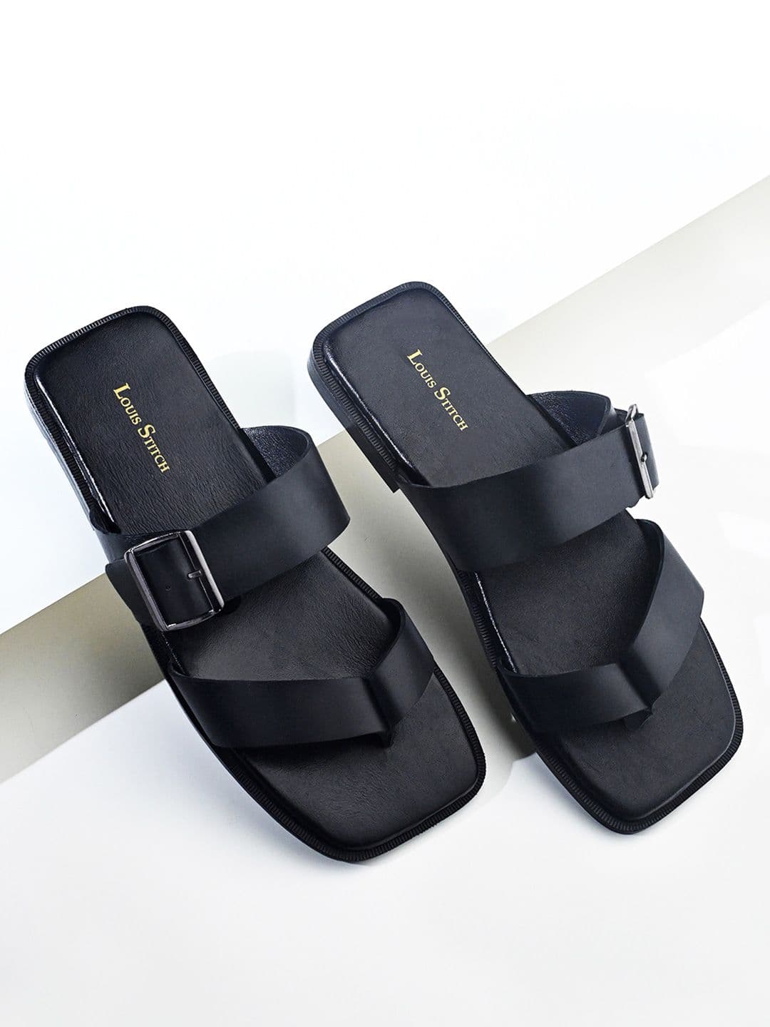 LOUIS STITCH Jet Black Open Toe Lightweight T-Strap Leather Sandal - view 1