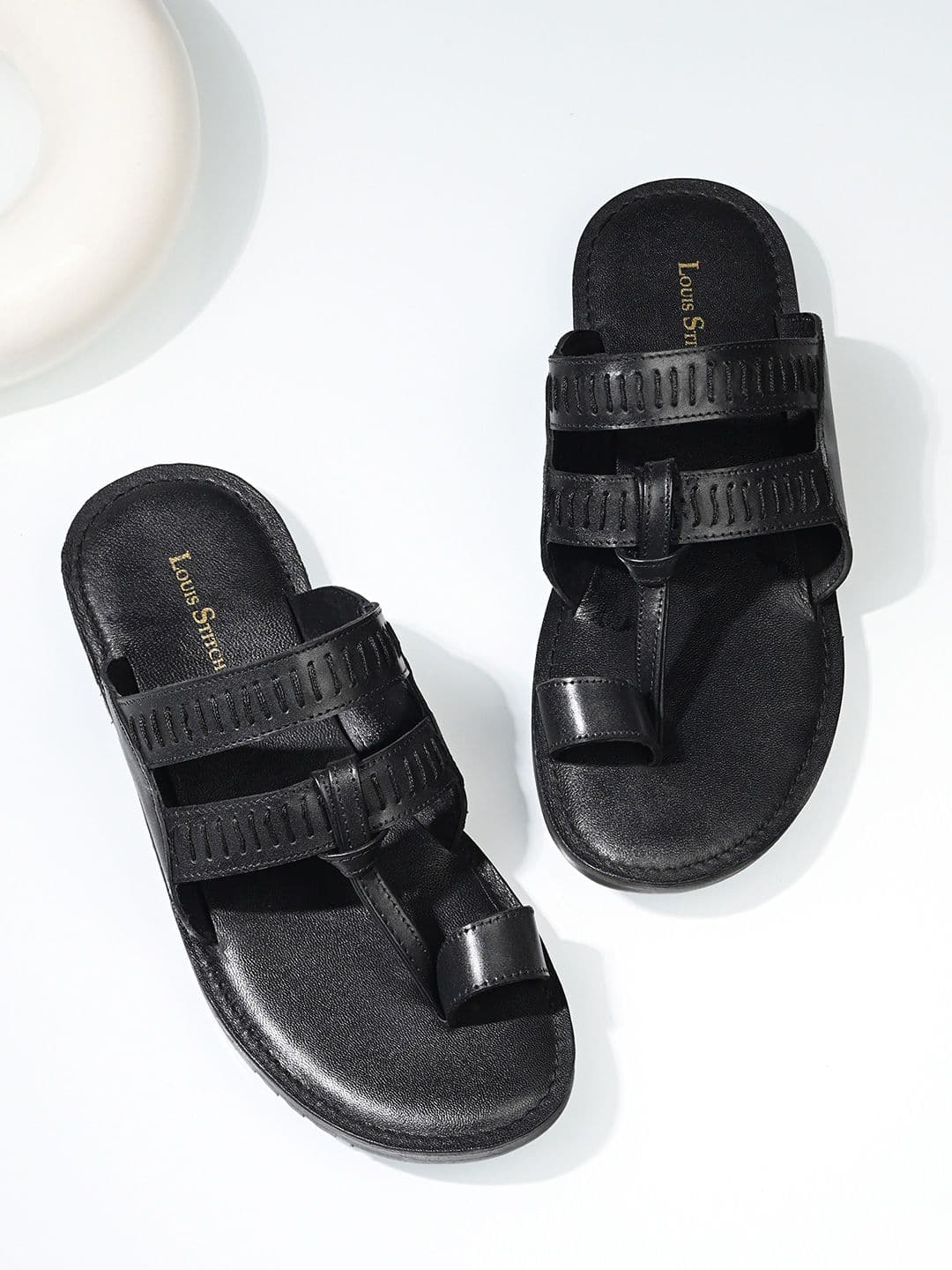 LOUIS STITCH Jet Black Kolhapuri Style Lightweight Toe Ring Leather Sandal - view 1