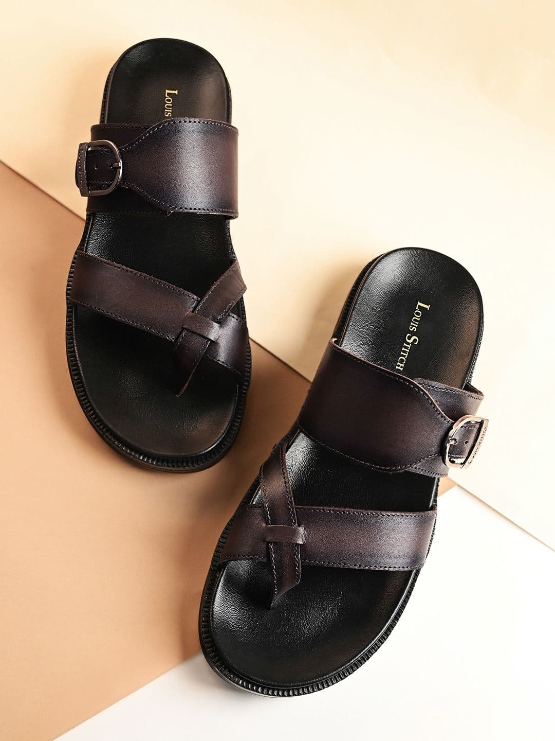 LOUIS STITCH Brunette Brown Toe Ring Lightweight Leather Sandal with Adjustable Buckle - view 1