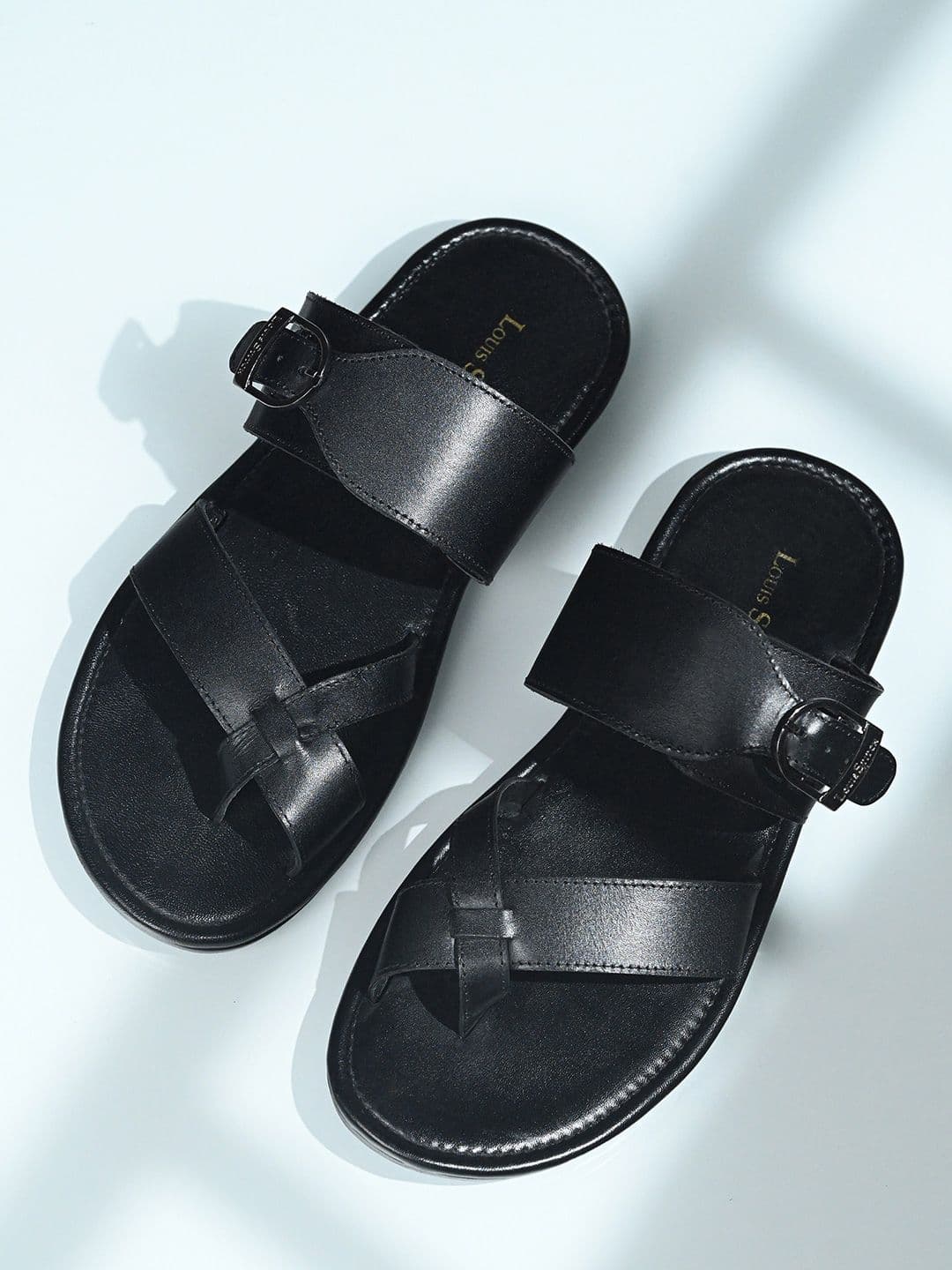 LOUIS STITCH Jet Black Lightweight Open Toe Leather Sandal with Adjustable Buckle - view 1