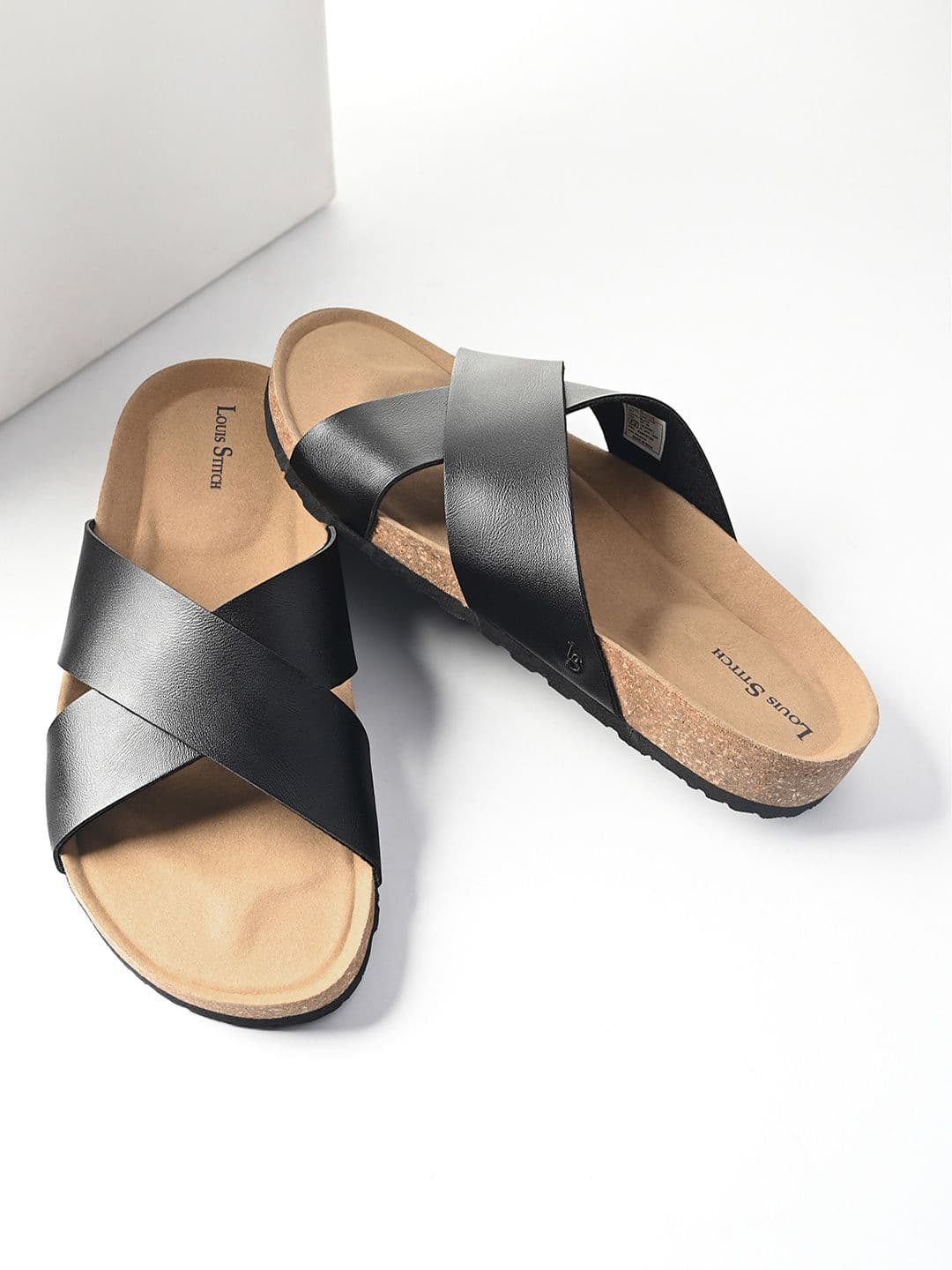 LOUIS STITCH Men Black Lightweight Cross Strap Casual Slip on Cork Sandals - view 1