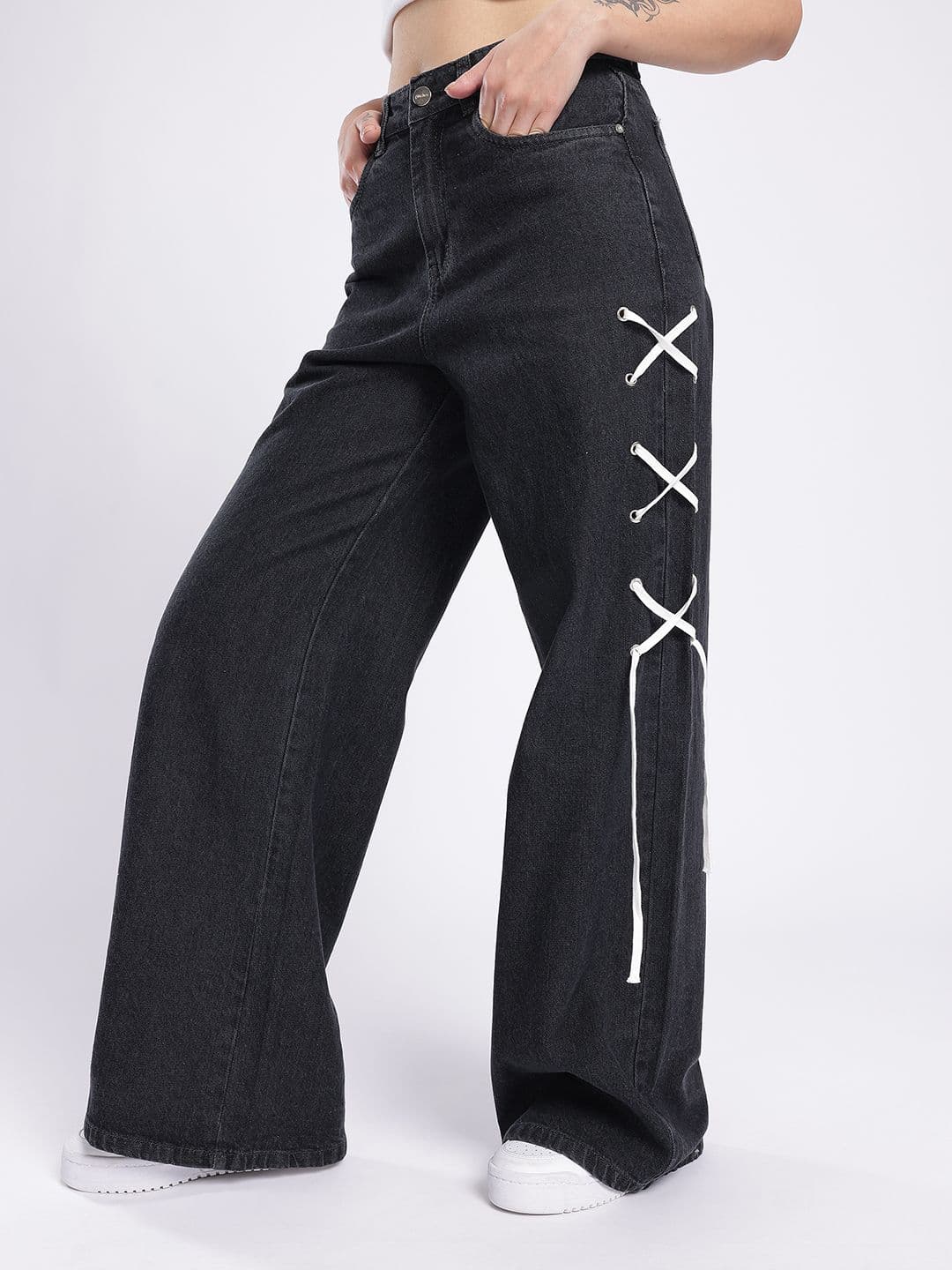 glitchez Women Baggy Wide Leg High-Rise Jeans With Fisheye Studs Tie Up - view 1