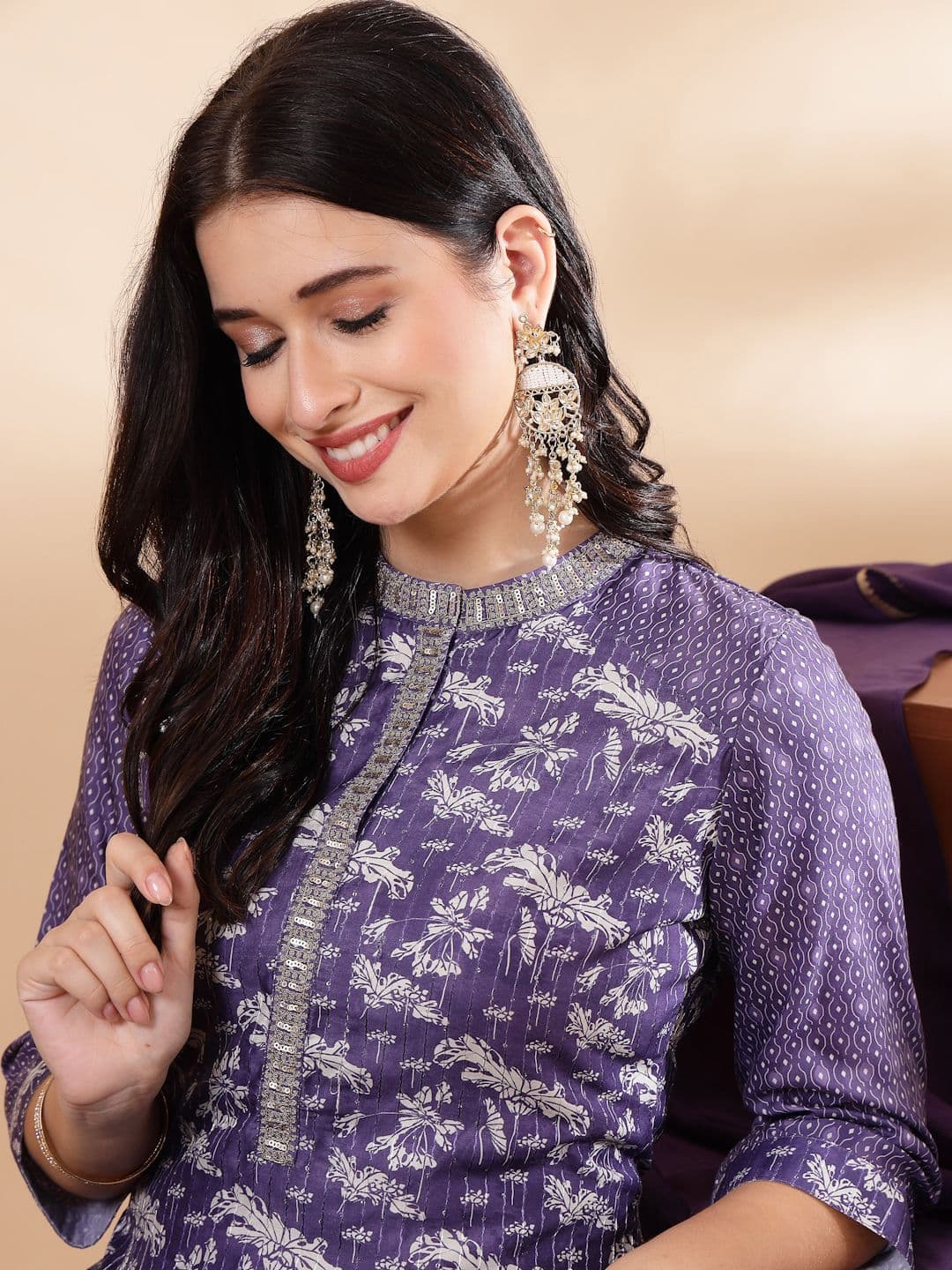 Nayam By Lakshita Floral Printed Sequinned Kurta with Trouser & Dupatta - view 1