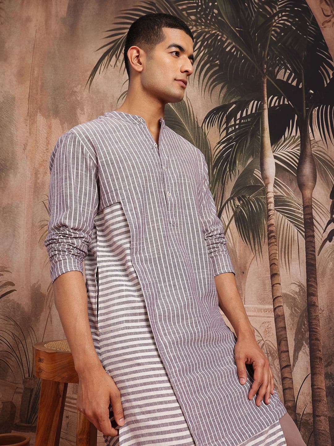 Sangria Striped Mandarin Collar Button-Down Asymmetric Straight Kurta - view 1