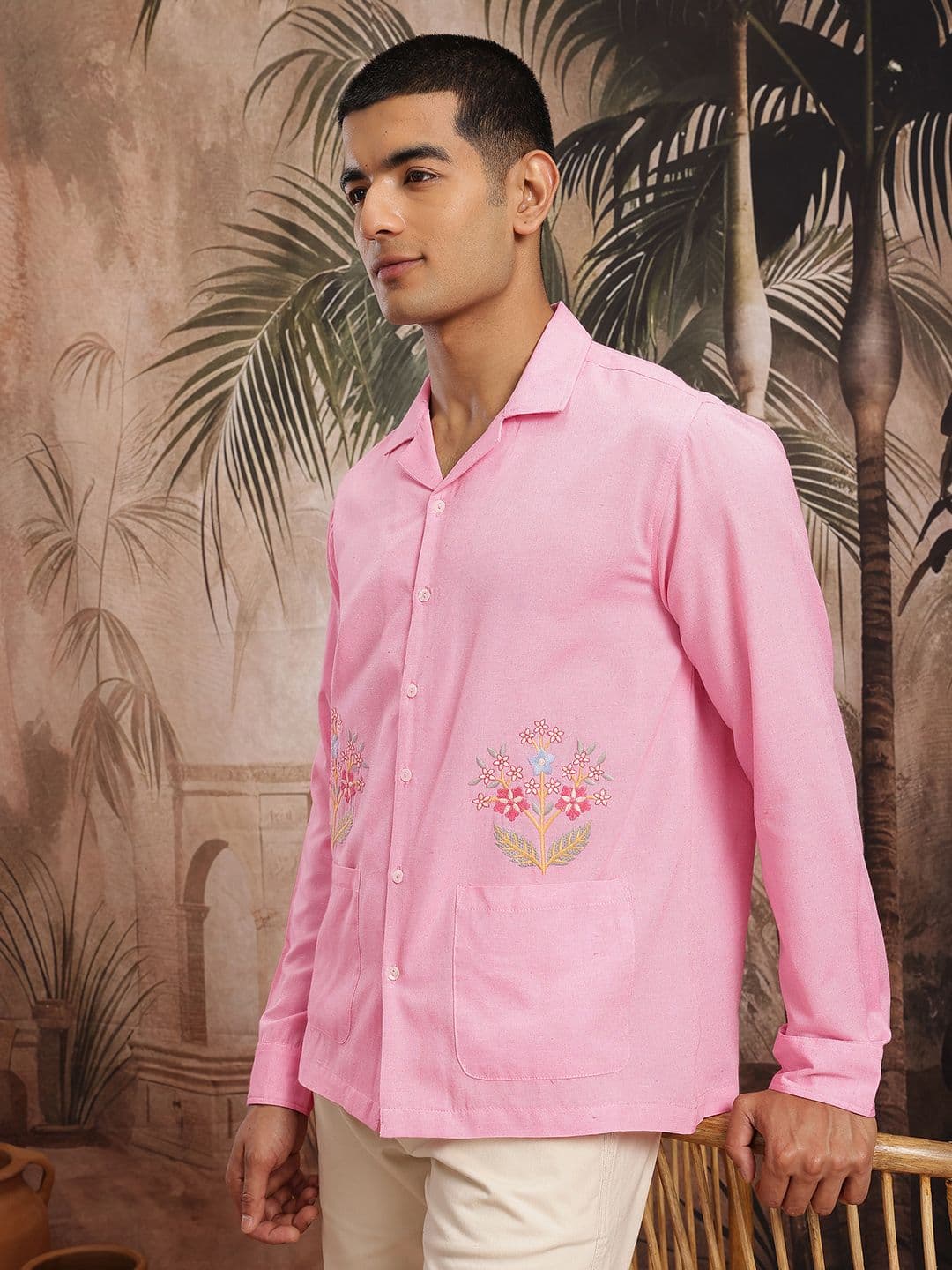 Sangria Cuban Collar Oversized Pockets Embroidered Shirt - view 1