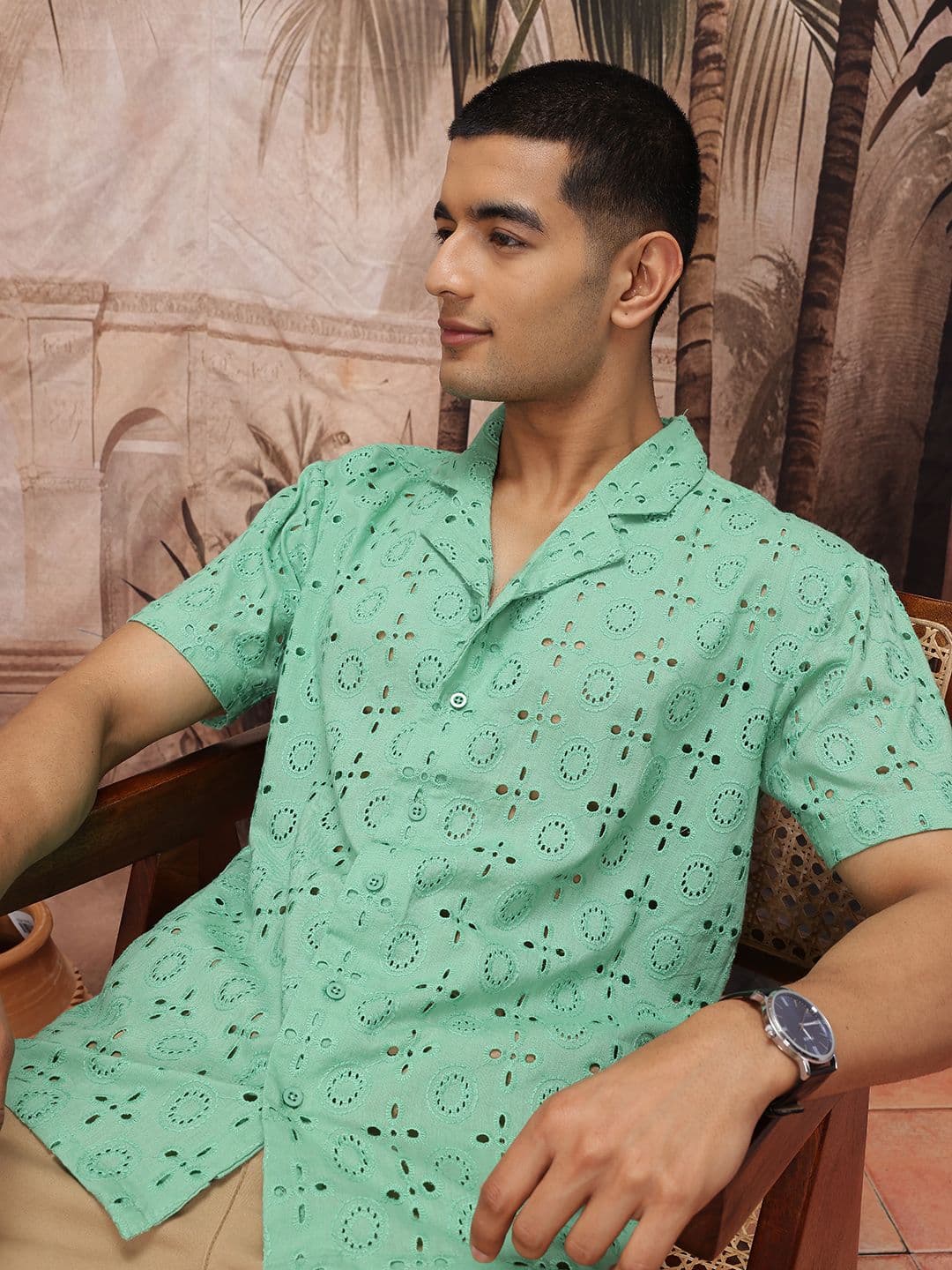 Sangria Schiffli Embroidered Pure Cotton Cuban Collar Semi-Sheer Casual Shirt - view 1
