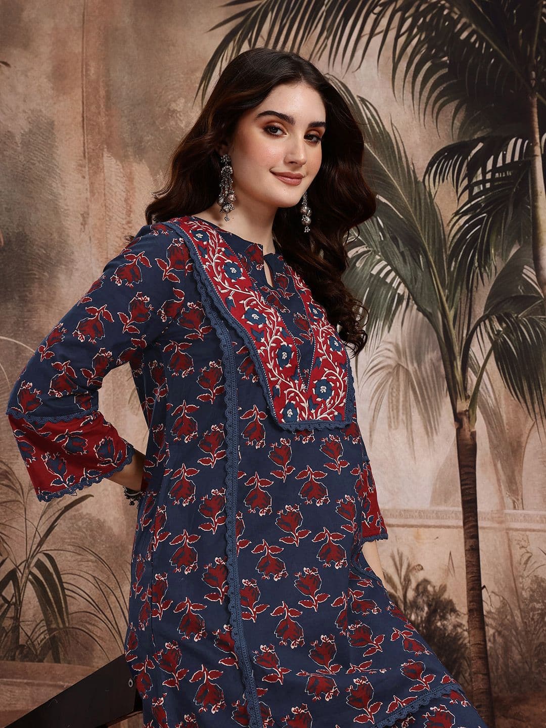 Sangria Floral Printed Pure Cotton Kurta with Trousers - view 1