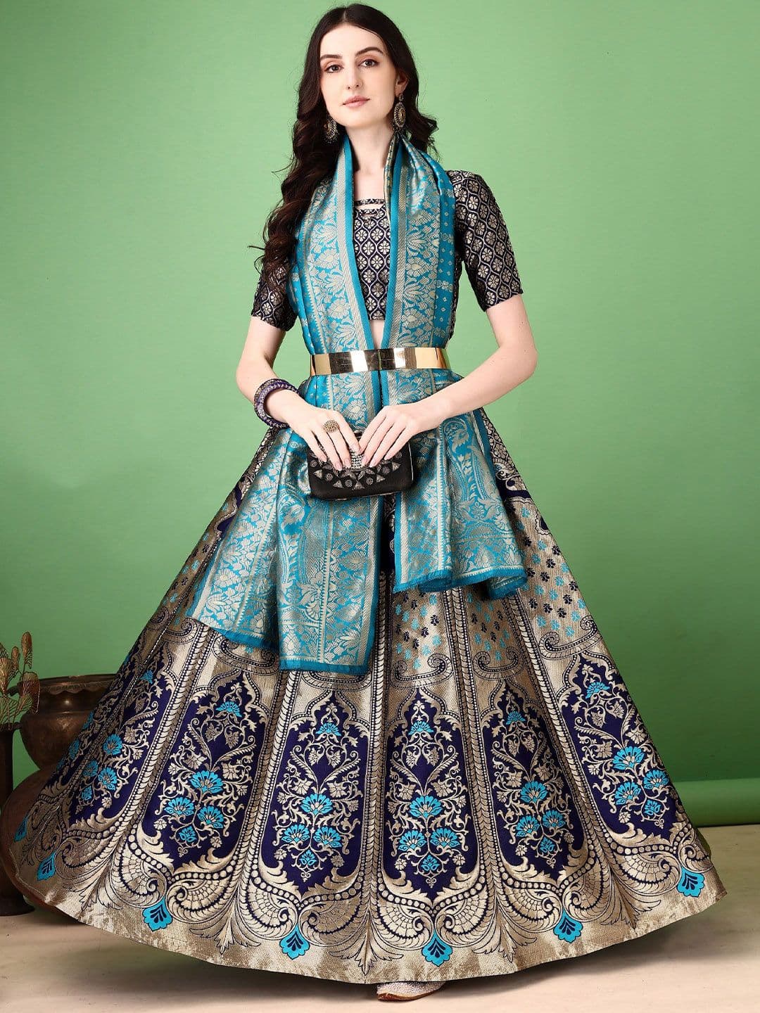 SWAMI STUDIO Woven Design Zari Ready to Wear Lehenga & Unstitched Blouse With Dupatta - view 1