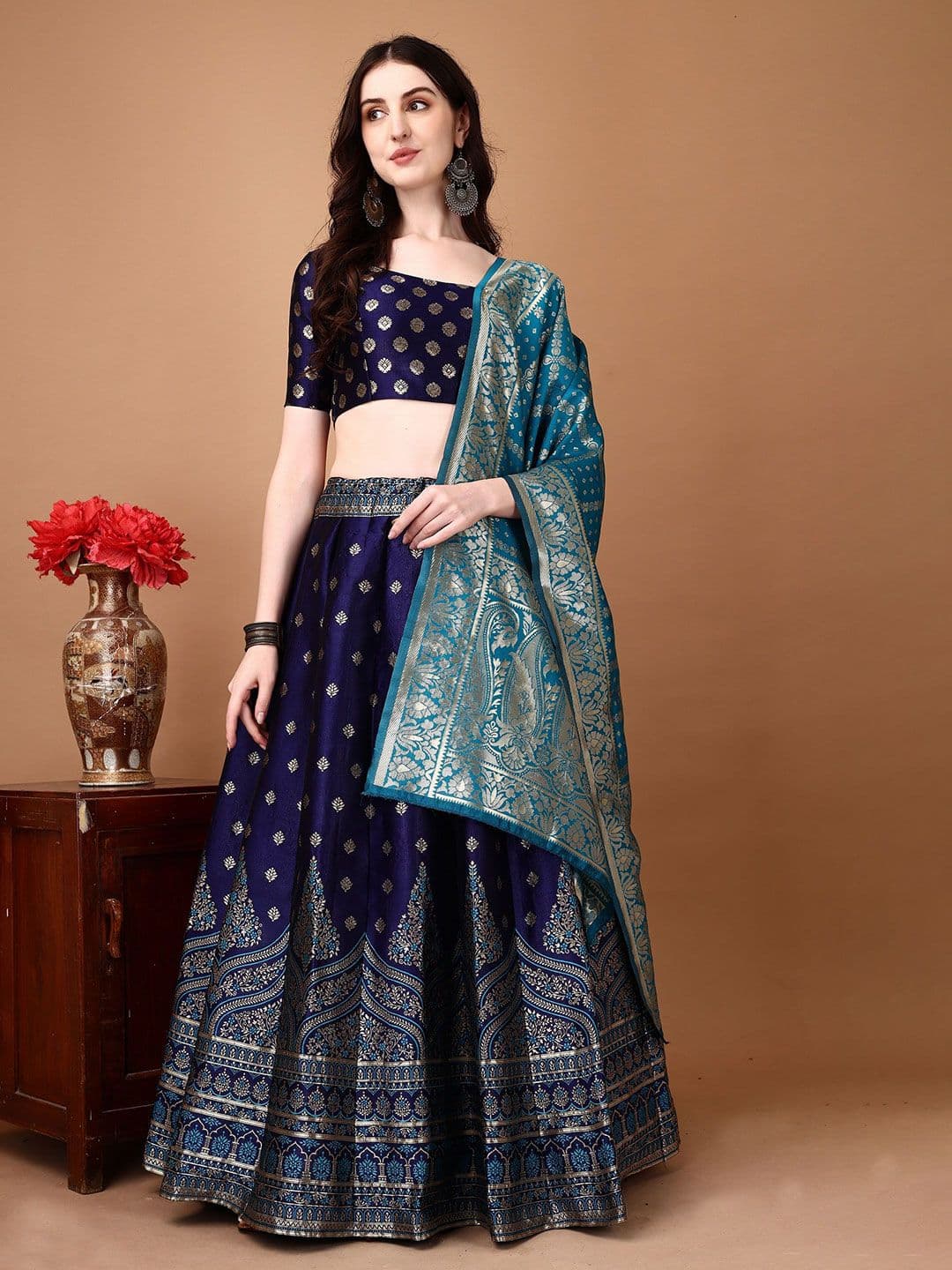 SWAMI STUDIO Woven Design Zari Ready to Wear Lehenga & Unstitched Blouse With Dupatta - view 1
