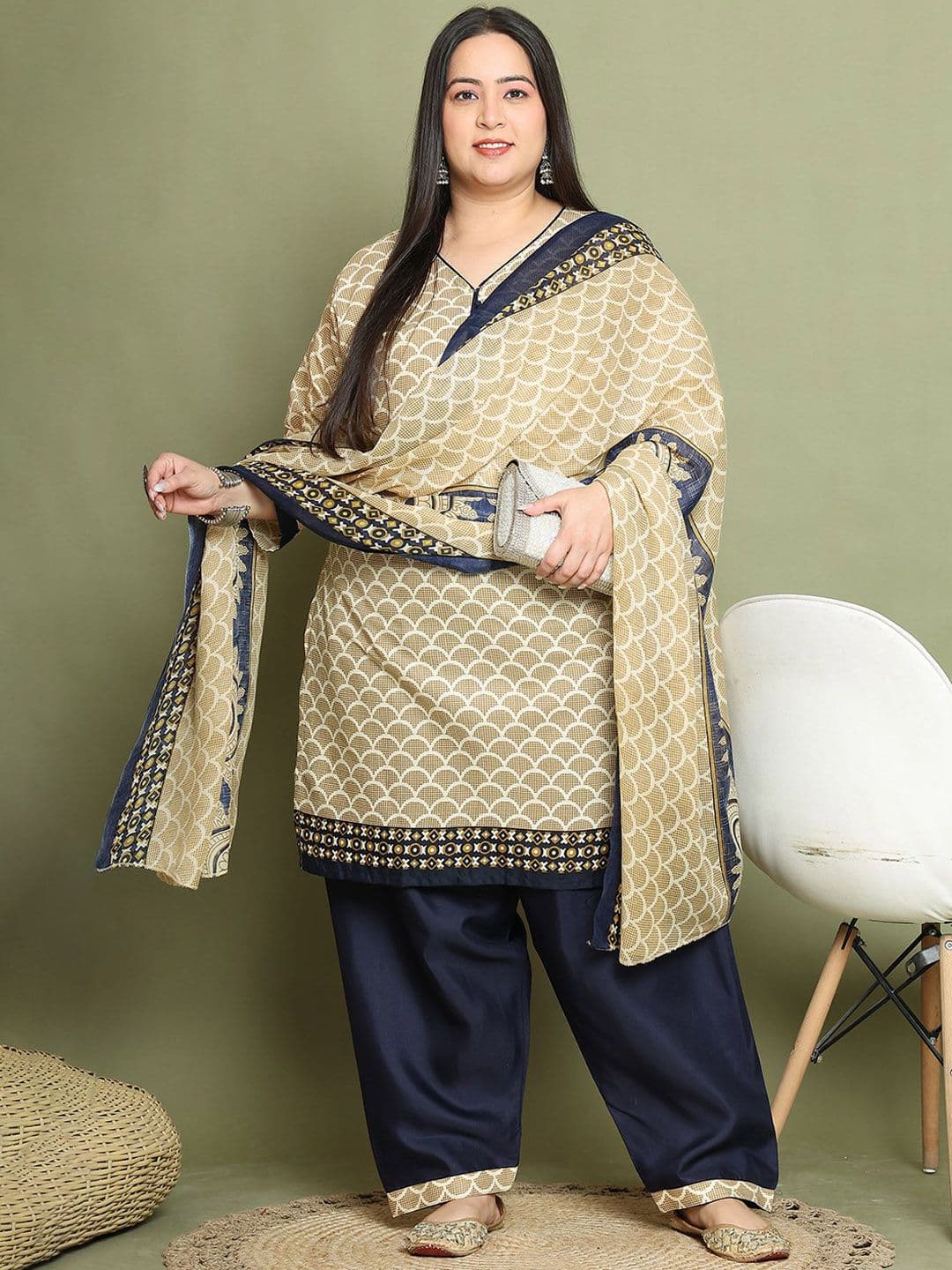 Rajnandini Plus Size V-Neck Ethnic Motifs Printed Straight Kurta with Salwar & Dupatta - view 1