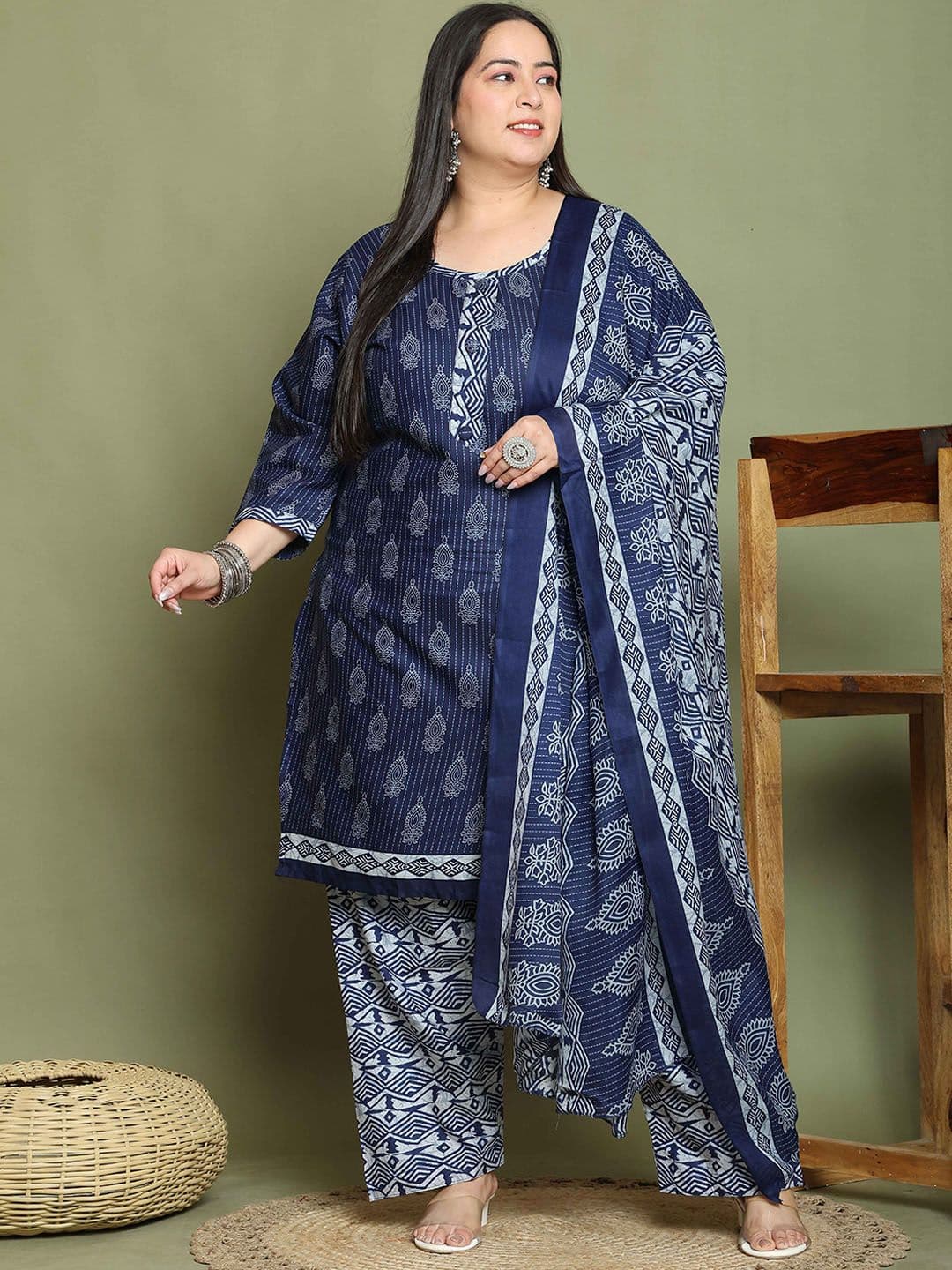 Roly Poly Plus Size Floral Printed Straight Cotton Blend Kurta With Salwar & Dupatta - view 1