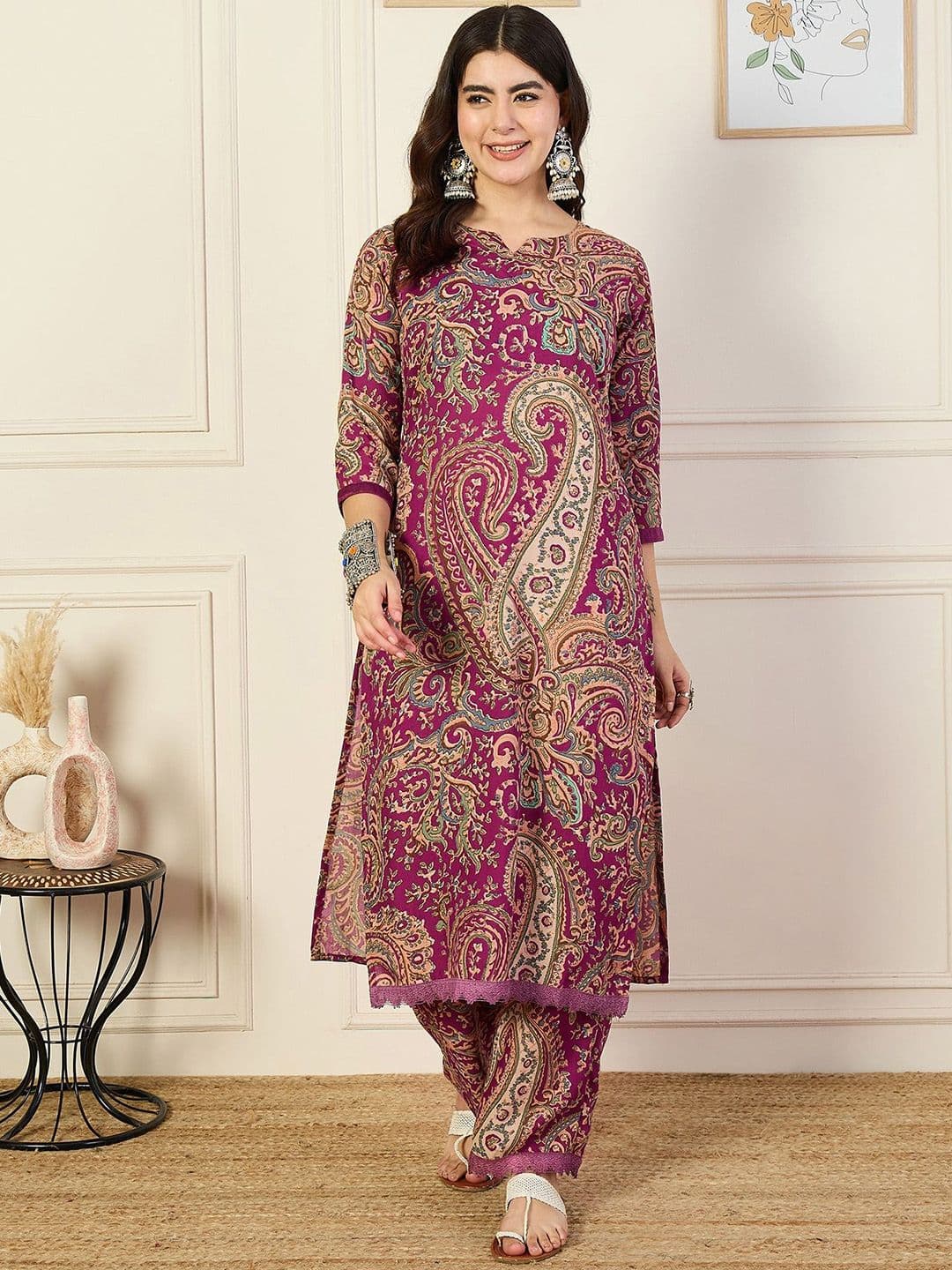 KALINI Notch Neck Paisley Printed Straight Kurta with Trousers - view 1